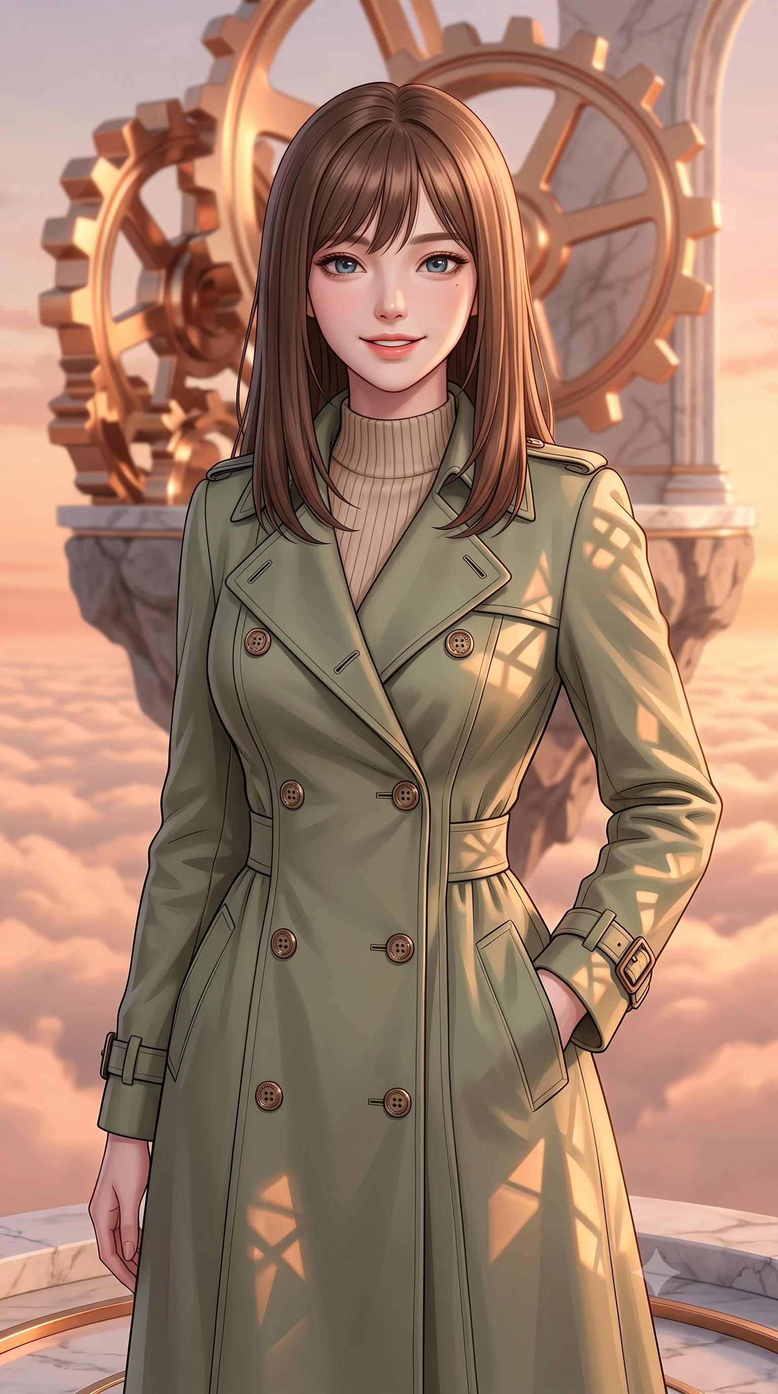 score_9, masterpiece, best quality, ultra-detailed, high-budget anime keyframe, editorial fashion photography, tasteful artistic composition, Korean woman. close-up cowboy shot from the waist and thighs up, the character dominates the composition, filling the frame with her large presence, background elements kept in soft focus. Gazing ahead with a happy, optimistic expression and a gentle smile. set against a soft-focus background of on a floating stone island made of rotating bronze gears and marble structures, high above a sea of peach-colored clouds at sunset. She has an exceptionally elegant, slender, and willowy female figure with a highly-defined ultra-slim waist, a gracefully sculpted slender torso, and a refined slim-fit silhouette that contours her form. sharp v-shaped jawline, high-bridge nose, intricate jewel-like eyes with depth, thick eyelashes, glossy lips with a natural sheen. wearing a structured double-breasted trench in soft olive green over a beige ribbed knit mock-neck top. warm peach and gold light from the sunset reflecting off the polished bronze gears, casting complex geometric shadows. 2k, ultra detail, master piece, 9:16 ratio