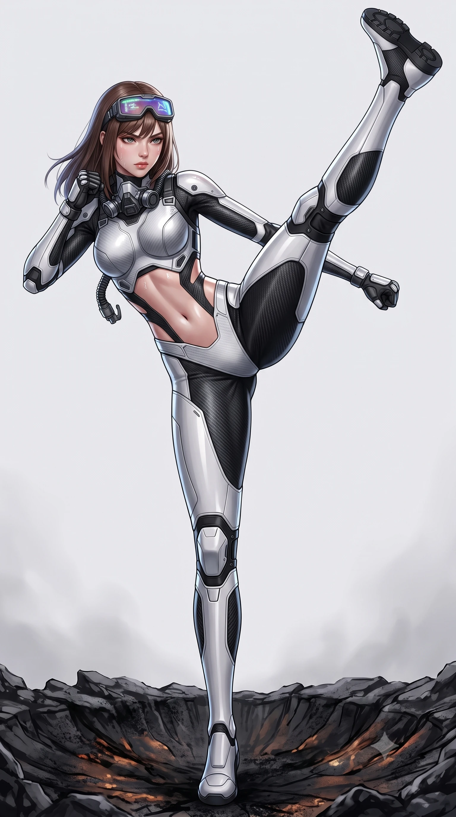 score_9, masterpiece, best quality, ultra-detailed, high-budget anime keyframe, semi-realistic 3D game render, editorial fashion photography, tasteful artistic composition, Korean woman. low angle full-body shot from head to toe showing her feet, filling the entire 9:16 vertical frame with her statuesque presence, stretching her vertical silhouette. executing a breathtaking zero-gravity high-kick with full 180-degree vertical extension, her impossibly long slender legs dominating the frame with razor-sharp poise while stepping forward through the blackened crater with rebreather unlatched on one side, revealing her glossy lips and sharp jawline. The surrounding environment is rendered in vivid detail and crisp panoramic clarity. intricate carbon armor composite grain, sweat glistening on bare collarbones, and armor buckles in high clarity. She has an absolutely perfect, statuesque 8.5-heads proportion, an exceptionally tall and slender model-like female figure with impossibly long slender legs, a toned flat midriff, and an ultra-slim waist. sharp v-shaped jawline, high-bridge nose, intricate jewel-like eyes with depth, thick eyelashes, glossy lips with a natural sheen, fierce and resolute heroine expression, flawlessly proportioned anatomical accuracy, strict slender model proportions, natural body alignment, perfectly sculpted long slender limbs, ultra-slim waistline, clean dynamic posture without body distortion. wearing high-tech holographic tactical goggles resting tipped up on her forehead, casting glowing neon runes across her brow without obscuring her features, paired with a form-contouring high-mobility battle-suit featuring sculpted carbon chest plating, diagonal midriff ventilation cutouts, and kinetic knee vambraces in monochrome white enamel carbon with high-contrast black tactical panels, crafted from ultra-strong woven carbon-fiber composite with battle-tested satin luster, detailed with kinetic shock-dampening knuckle guards and polished chrome connection joints, the sleek second-skin cut tightly hugging her graceful clavicle, narrow waist, and feminine curves with athletic precision. illuminated by crisp directional rim lights sharply defining her ultra-slim waist, long legs, and flat midriff. rich saturated anime colors with glowing neon highlights, detailed shading with soft gradients, rich glossy textures, high-contrast stereoscopic depth, volumetric dynamic lighting, master piece, 9:16 ratio