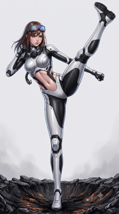 score_9, masterpiece, best quality, ultra-detailed, high-budget anime keyframe, semi-realistic 3D game render, editorial fashion photography, tasteful artistic composition, Korean woman. low angle full-body shot from head to toe showing her feet, fil