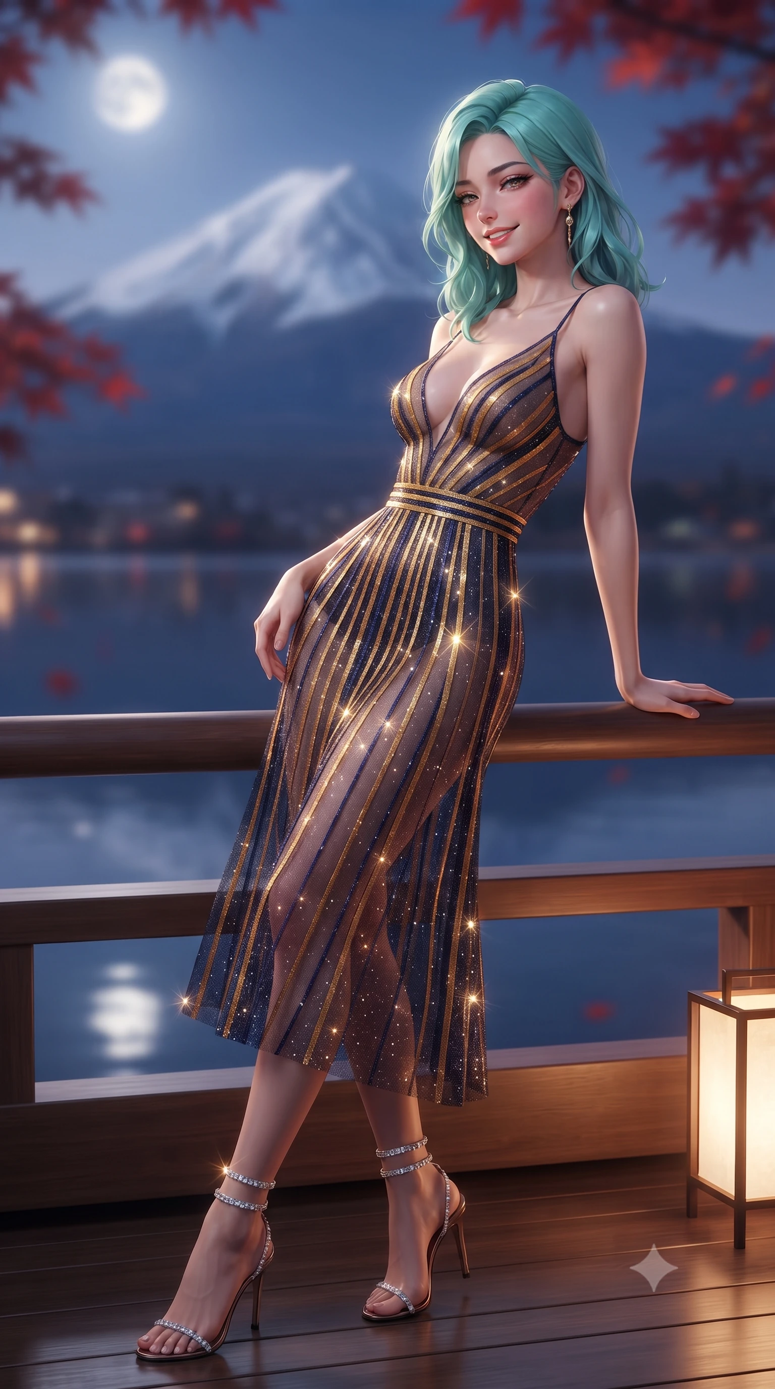 score_9, masterpiece, best quality, ultra-detailed, high-budget anime keyframe, editorial fashion photography, tasteful artistic composition, Japanese woman. close-up cowboy shot from the waist and thighs up, the character dominates the composition, filling the frame with her large presence. leaning back against the balustrade with relaxed seductive grace, head tilted back slightly while casting a hypnotic, heavy-lidded gaze while leaning against the smooth aromatic cedar bath rim with hips cocked back, looking across the mirror-still lake with heavy-lidded bedroom-eyes. The background shows a soft-focus majestic symmetrical silhouette of snow-capped Mount Fuji illuminated under the twilight moon, mirror lake reflections, and red autumn maples blurred into indigo, snow-white, and crimson bokeh. She has an exceptionally elegant, slender, and willowy female figure with an ultra-slim waist, flat toned midriff, narrow ribcage, and sculpted feminine hips creating an alluring, slim hourglass silhouette without bulk. sharp v-shaped jawline, high-bridge nose, intricate jewel-like sparkling eyes with depth, thick eyelashes, glossy parted lips with a natural peach sheen, bright cheerful beaming smile with an enchanting and coquettish sensual glint, exuding both youthful cute charm and seductive allure, flawlessly proportioned anatomical accuracy, strict slender model proportions, natural body alignment, perfectly sculpted long slender limbs, ultra-slim waistline, clean dynamic posture without body distortion. wearing a plunge-front sheer illusion tulle slip dress with liquid gold ribbon stripes hugging her curves in Seville orange blossom gold and midnight moorish indigo, woven from stretch metallic lurex jersey casting radiant starlight glints across her curves, complemented by strappy stiletto sandals with crystal ankle wraps accentuating her slender calves, the bespoke structured tailoring following the natural line of her 8.5-heads silhouette with refined elegance. bathed in the warm 2500K glow of Japanese washi paper floor lanterns mixed with crisp silver moonlight on Mount Fuji's snows. ultra-reflective glossy finish, specular highlights, rich textural contrasts, high-contrast stereoscopic depth, volumetric dynamic lighting, 2k, ultra detail, master piece, 9:16 ratio