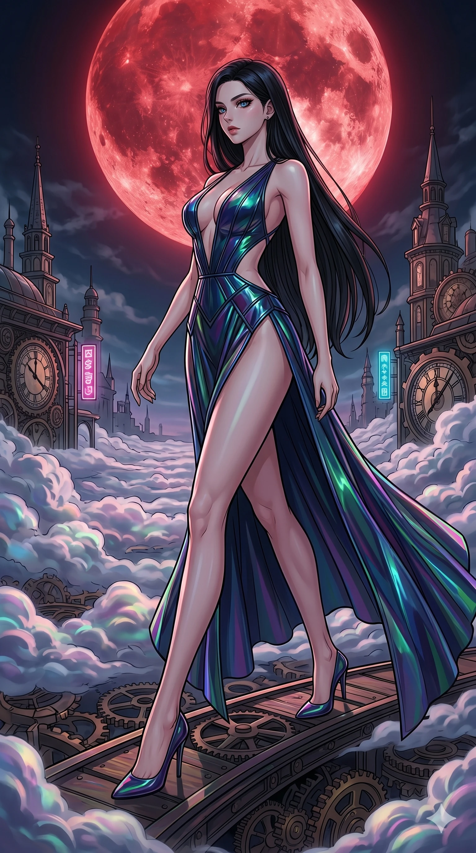 score_9, masterpiece, best quality, ultra-detailed, high-budget anime movie keyframe, cinematic anime lighting, intricate line art, Caucasian (strictly human ears) woman. Low angle cowboy shot filling the entire 9:16 frame with her statuesque presence. navigating a sea of clouds in a clockwork heart of a city under a blood moon. She has an absolutely perfect 8-heads proportion, an exceptionally tall and slender female figure with an ultra-slim waist and impossibly long slender legs. sharp v-shaped jawline, high-bridge nose, intricate jewel-like eyes, thick eyelashes, glossy lips. Wearing avant-garde high-fashion gown made of iridescent vinyl with a dangerously high side slit and a plunging neckline, revealing an ultra-slim waist and long slender legs. The scene is illuminated by dramatic atmospheric lighting and vibrant color palettes. , 2k, ultra detail, master piece, 9:16 ratio