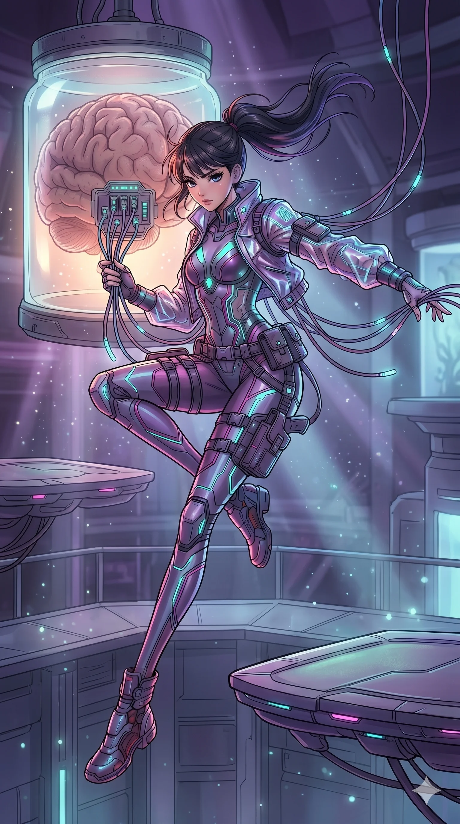score_9, masterpiece, best quality, ultra-detailed, high-budget anime movie keyframe, cinematic anime lighting, intricate line art, Japanese woman. Mid-air action shot capturing a graceful twist and vertical silhouette. interfacing with a giant brain in a jar using neural connectors. She has an elegant and graceful female figure with elegant silhouette. sharp v-shaped jawline, high-bridge nose, intricate jewel-like eyes, thick eyelashes, soft lips. Wearing Tech-Fantasy: Cybernetic tech-suit with glowing seams, shimmering jacket over tech-wear, and modular tactical gear. The scene is illuminated by dramatic atmospheric lighting and vibrant color palettes. , 2k, ultra detail, master piece, 9:16 ratio