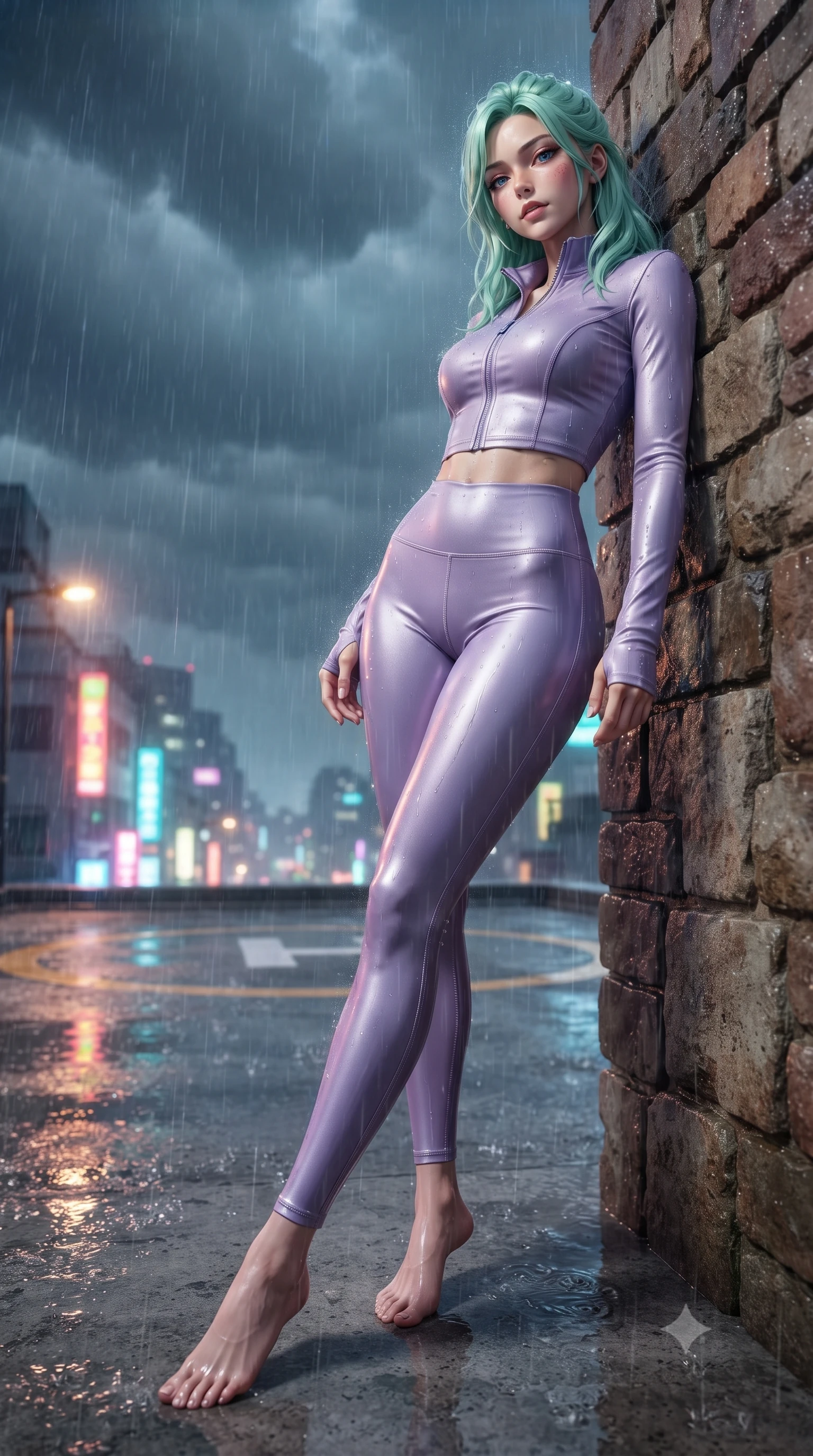 score_9, masterpiece, best quality, ultra-detailed, high-budget anime keyframe, editorial fashion photography, tasteful artistic composition, Japanese woman. low angle full-body shot from head to toe showing her feet, filling the entire 9:16 vertical frame with her statuesque presence, stretching her vertical silhouette. leaning back against a rustic stone wall, casting a slow, alluring gaze at the camera the background shows a soft-focus a rooftop helipad circle during a heavy thunderstorm with wet concrete. She has an absolutely perfect, statuesque 8.5-heads proportion, an exceptionally tall and slender model-like female figure with impossibly long slender legs and an ultra-slim waist. sharp v-shaped jawline, high-bridge nose, intricate jewel-like eyes with depth, thick eyelashes, glossy lips with a natural sheen. wearing a form-contouring body-hugging activewear set of a tailored zip-up long-sleeve crop top and matching high-waisted leggings in soft lavender. vibrant streetlights and neon signs reflecting off the wet asphalt surface. ultra-reflective glossy finish, specular highlights, metallic sheen, high-contrast stereoscopic depth, volumetric dynamic lighting, 2k, ultra detail, master piece, 9:16 ratio