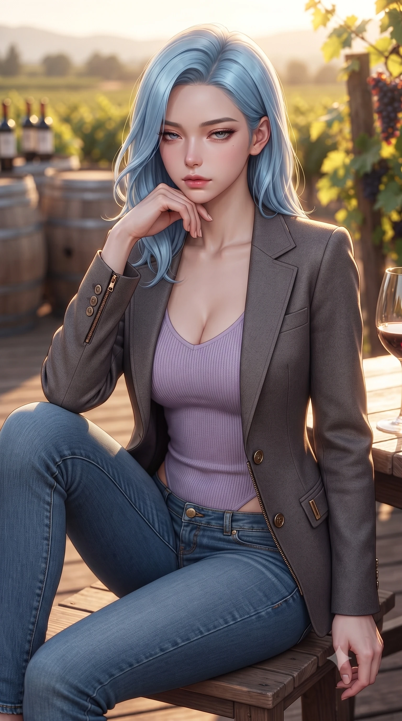 score_9, masterpiece, best quality, ultra-detailed, high-budget anime keyframe, editorial fashion photography, tasteful artistic composition, Korean woman woman. close-up cowboy shot from the waist and thighs up, the character dominates the composition, filling the frame with her large presence, background elements kept in soft focus. resting her chin on the backs of her fingers, casting a heavy-lidded, sultry look past the camera the background shows a soft-focus a wooden terrace of a vineyard winery, with wooden barrels and grapevines in soft focus. She has an exceptionally elegant, slender, and willowy female figure with an ultra-slim waist, a gracefully sculpted slender torso, and a refined silhouette. sharp v-shaped jawline, high-bridge nose, intricate jewel-like eyes with depth, thick eyelashes, glossy lips with a natural sheen. wearing a form-contouring tight-fitting lavender knit bodysuit worn under a tailored open blazer and jeans. warm golden hour light tracing the grapevines and wine glasses in a golden rim light. ultra-reflective glossy finish, specular highlights, metallic sheen, high-contrast stereoscopic depth, volumetric dynamic lighting, 2k, ultra detail, master piece, 9:16 ratio