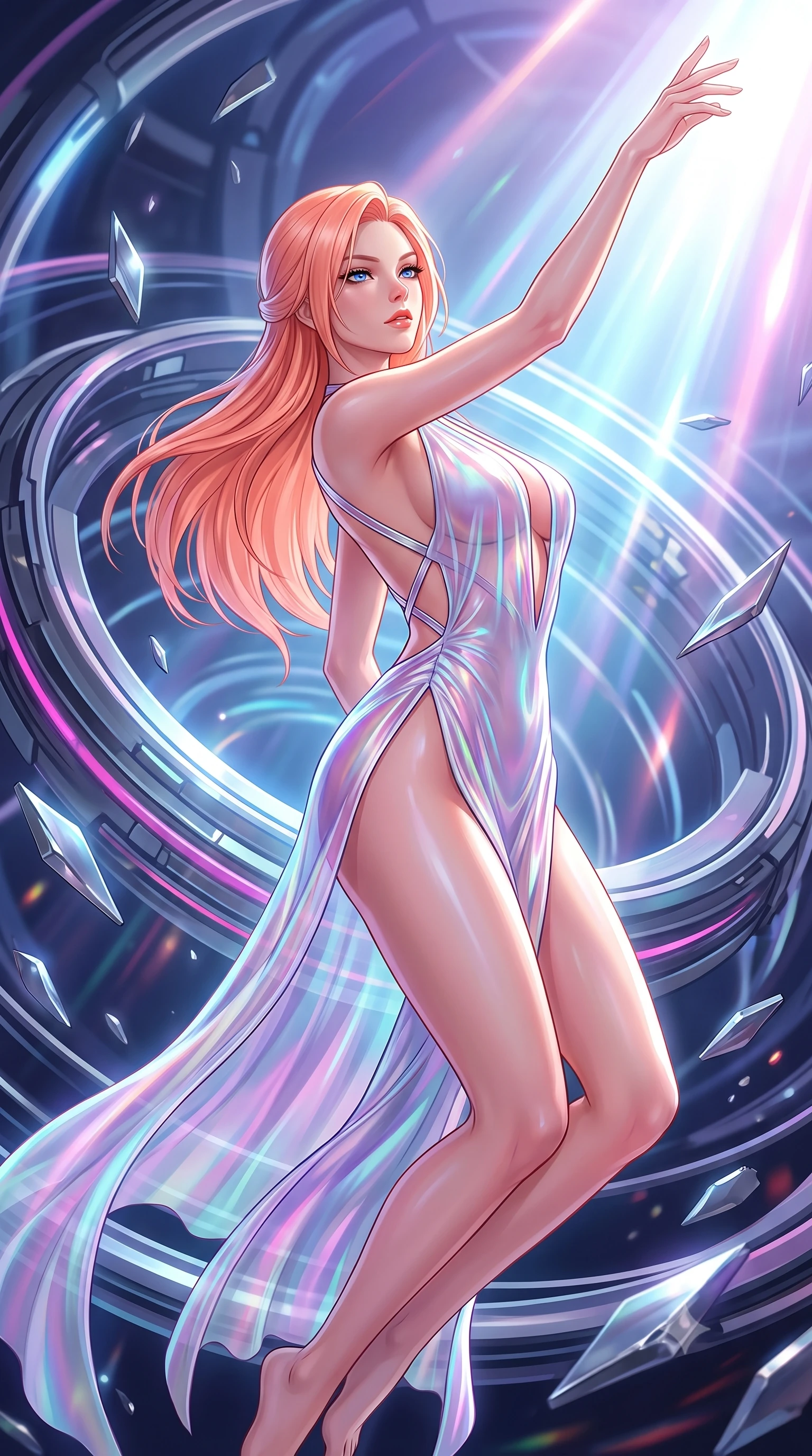 score_9, masterpiece, best quality, ultra-detailed, high-budget anime keyframe, semi-realistic 3D game render, editorial fashion photography, tasteful artistic composition, Japanese woman. close-up cowboy shot from the waist and thighs up, the character dominates the composition, filling the frame with her large presence. extending one arm gracefully toward the light while her torso arches in a sleek, alluring curve with magnetic intensity while levitating dynamically in the center of an anti-gravity quantum core as glowing plasma arcs swirl. The surrounding environment is rendered in vivid detail and crisp panoramic clarity. crisp magnetic field rings, floating alloy shard edges, and detailed reactor conduits in deep focus. She has an exceptionally elegant, slender, and willowy female figure with an ultra-slim waist, a gracefully sculpted slender torso, and a refined silhouette. sharp v-shaped jawline, high-bridge nose, intricate jewel-like eyes with depth, thick eyelashes, glossy lips with a natural sheen, flawlessly proportioned anatomical accuracy, natural body alignment, perfectly sculpted elegant limbs, clean dynamic posture without body distortion. wearing a translucent iridescent chiffon gown with a plunging neckline, high dual thigh slits, and an open back in chromatic platinum and blazing neon magenta, made of liquid metal jersey that clings flawlessly to every contour of her build, complemented by criss-cross back straps highlighting her completely bare spine, the sleek aerodynamic cut emphasizing her magnetic presence and alluring physical grace. illuminated by intense volumetric energy beams and high-contrast specular reflections. highly saturated vibrant anime colors, detailed shading with soft gradients, rich glossy textures, high-contrast stereoscopic depth, volumetric dynamic lighting, master piece, 9:16 ratio