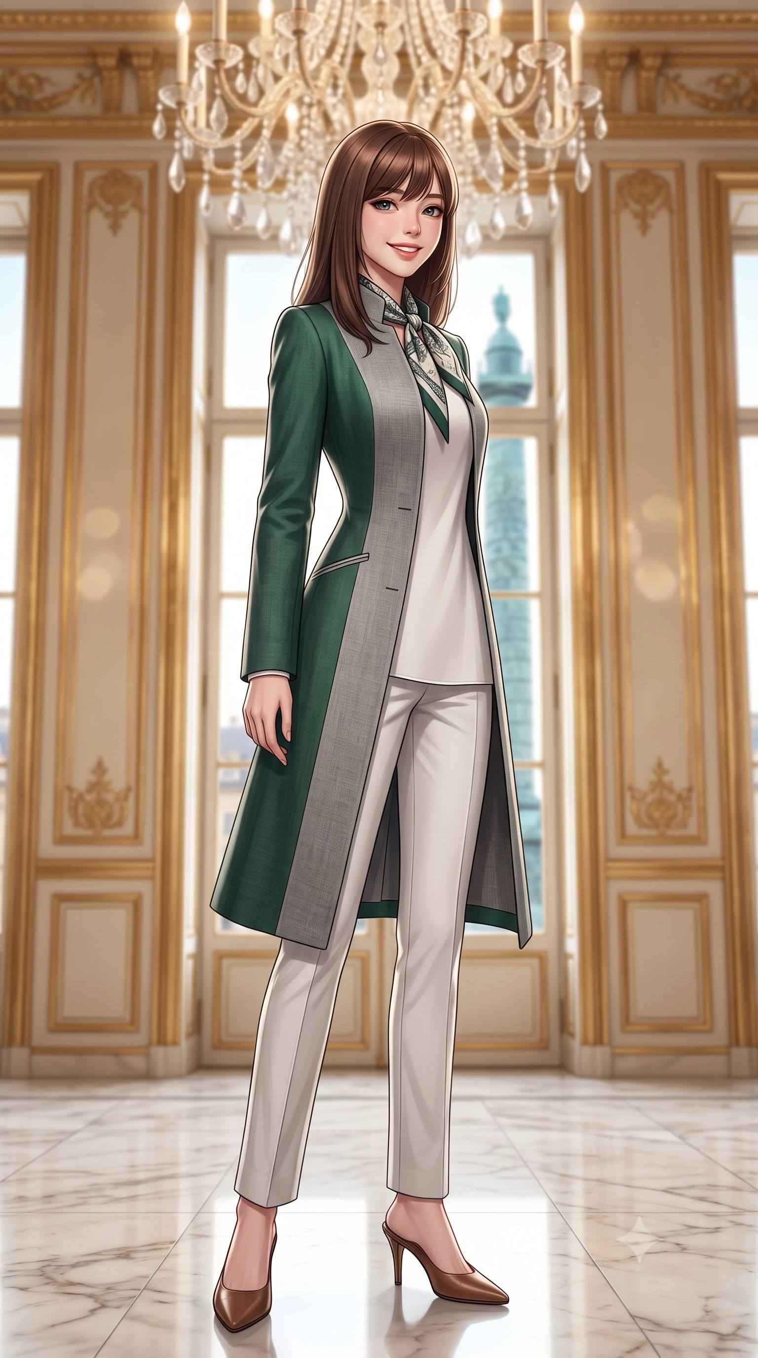 score_9, masterpiece, best quality, ultra-detailed, high-budget anime keyframe, semi-realistic 3D game render, editorial fashion photography, tasteful artistic composition, Korean woman. low angle full-body shot from head to toe showing her feet, filling the entire 9:16 vertical frame with her statuesque presence, stretching her vertical silhouette. pausing along the promenade and turning back toward the camera with an infectious, delightful smile and perfect posture while standing poised in the center of the palatial boutique salon beneath a cascading crystal chandelier, flashing a chic supermodel smile. The background shows a soft-focus glittering crystal chandeliers, gilded boiserie wall paneling, and views of the bronze Vendôme column through tall windows blurred into champagne, ivory, and brass bokeh. She has an exceptionally tall and slender model-like 8.5-heads proportion, an ultra-slim waist, a flat toned midriff, narrow delicate ribcage, and beautifully sculpted feminine hips creating a graceful, slim hourglass silhouette without any bulky heaviness, with impossibly long slender legs. sharp v-shaped jawline, high-bridge nose, intricate jewel-like sparkling eyes with depth, thick eyelashes, glossy parted lips with a natural peach sheen, bright cheerful beaming smile with an enchanting and coquettish sensual glint, exuding both youthful cute charm and seductive allure, flawlessly proportioned anatomical accuracy, strict slender model proportions, natural body alignment, perfectly sculpted long slender limbs, ultra-slim waistline, clean dynamic posture without body distortion. wearing a stand-collar tailored linen-silk coat layered over a minimalist silk tunic and straight-leg pressed trousers in St. Moritz pine forest emerald and heather grey, made of crisp Egyptian cotton poplin with pristine tailored pressing, finished with a printed silk twilly scarf knotted gracefully around her neck, the bespoke architectural tailoring hugging her natural waistline with sartorial precision, creating a clean graceful hourglass silhouette with tall model elegance. illuminated by polished marble floor bounce and pristine champagne rim lights defining her razor-sharp jawline and elegant tailored silhouette. highly saturated vibrant anime colors, detailed shading with soft gradients, rich glossy textures, high-contrast stereoscopic depth, volumetric dynamic lighting, master piece, 9:16 ratio