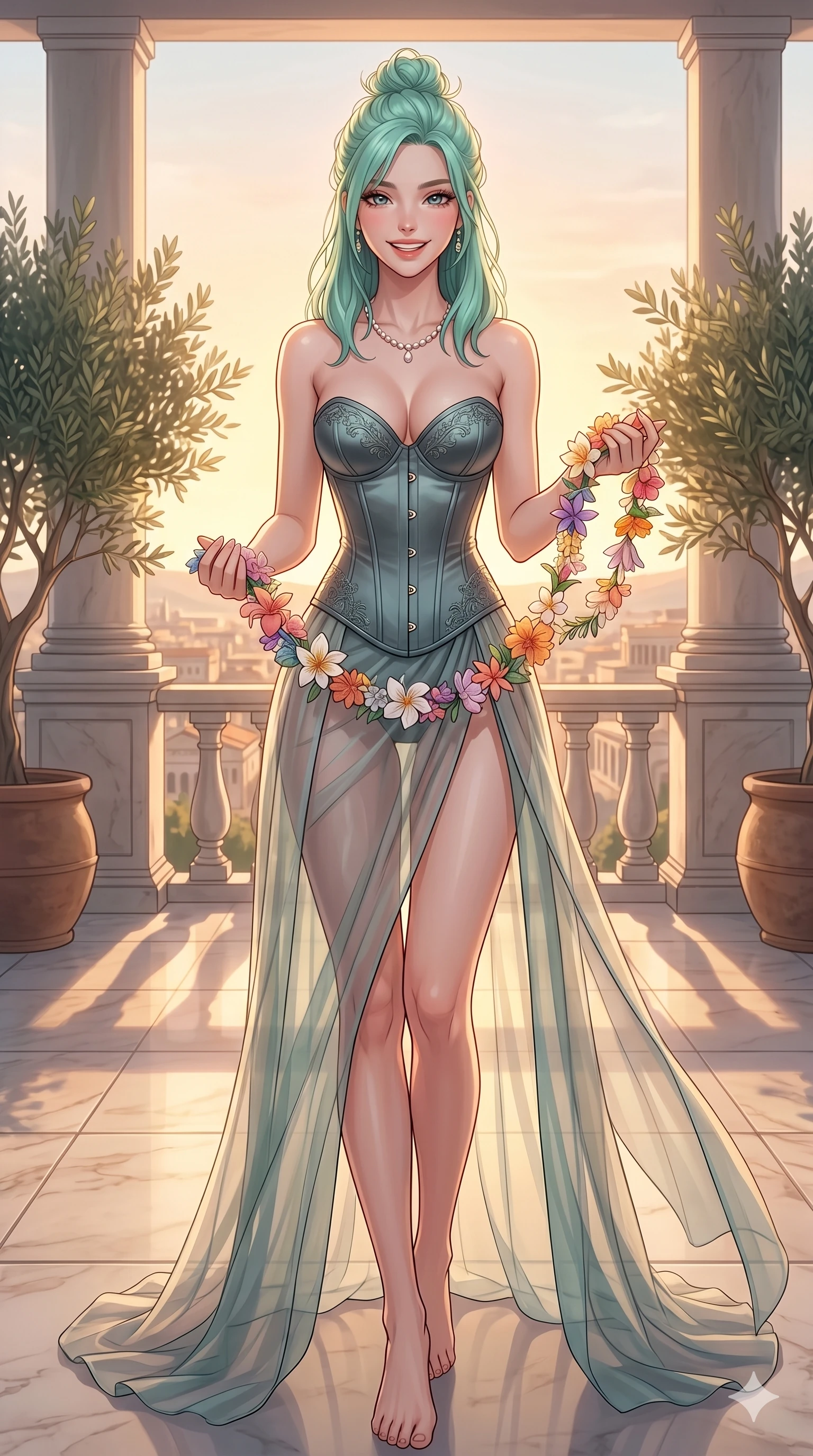 score_9, masterpiece, best quality, ultra-detailed, high-budget anime keyframe, vibrant anime aesthetic, Japanese woman. cowboy shot from the thighs up, character and outfit filling the frame for maximum presence. She is holding a flower garland with a joyful smile, looking directly at the lens inside a high-fashion editorial set at midday (Code-P20-195). She has an absolutely perfect 8-heads proportion, an exceptionally tall and slender female figure with impossibly long slender legs and an ultra-slim waist. V-shaped jawline, high-bridge nose, intricate jewel-like eyes with depth, thick eyelashes, glossy lips with a natural sheen. wearing a structured satin corset showing her cleavage paired with a transparent wrap. She is bathed in soft, warm sunrise glow that casts long elegant shadows on the terrace. 2k, ultra detail, master piece, 9:16 ratio