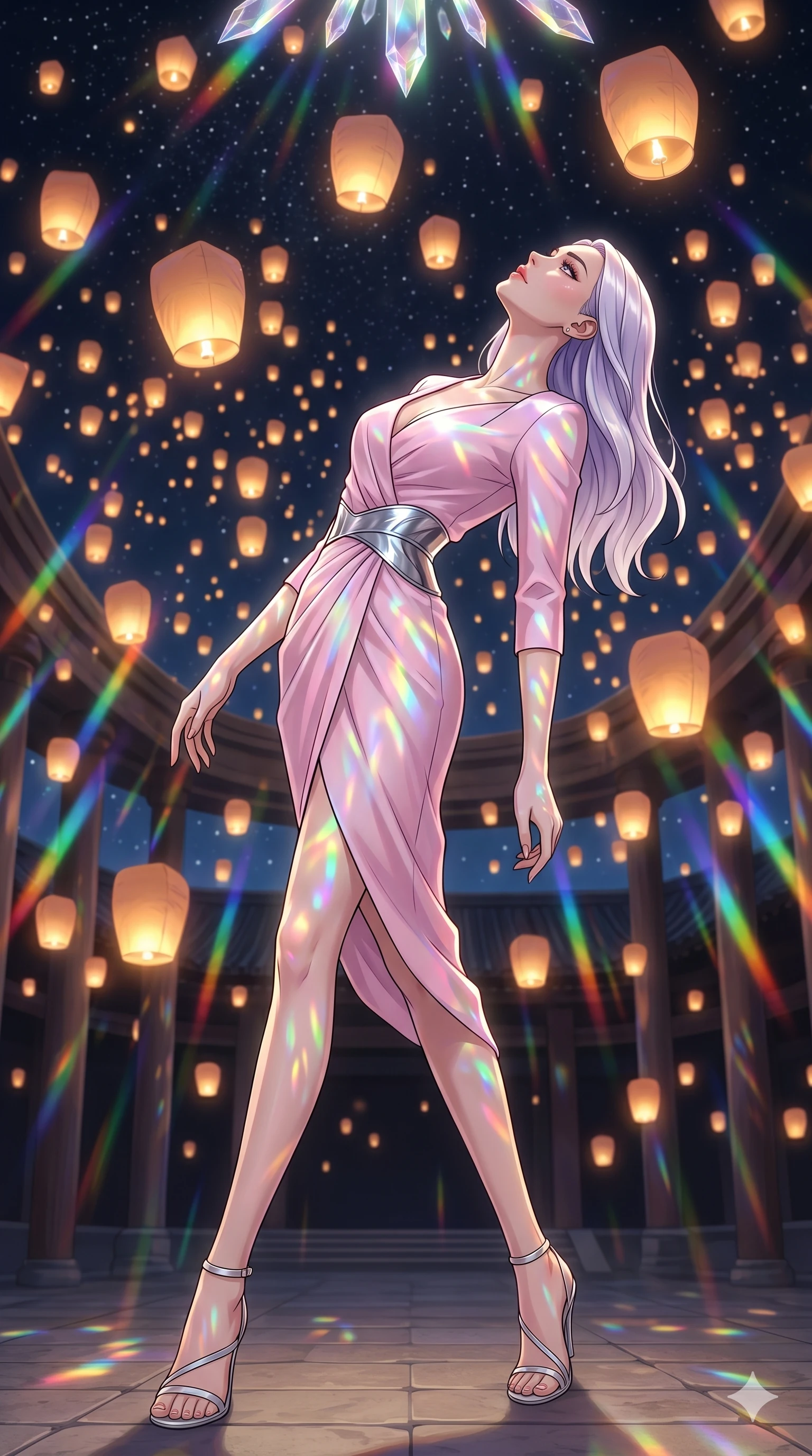 score_9, masterpiece, best quality, ultra-detailed, high-budget anime keyframe, editorial fashion photography, tasteful artistic composition, Caucasian woman, strictly human ears. low angle full-body shot from head to toe showing her feet, filling the entire 9:16 vertical frame with her statuesque presence, stretching her vertical silhouette. Arching her back in a graceful controlled backward pose within a sanctuary where hundreds of glowing paper lanterns float up towards a starry sky. She has an absolutely perfect 8-heads proportion, an exceptionally tall and slender female figure with impossibly long slender legs and an ultra-slim waist. V-shaped jawline, high-bridge nose, intricate jewel-like eyes with depth, thick eyelashes, glossy lips with a natural sheen. wearing a modernized wrapping dress in pastel pink silk with an asymmetric collar line, three-quarter sleeves, and a silver metallic belt cinching the waist. illuminated by cascading rainbow prismatic light refracting through crystal overhead and casting patterns on her skin. 2k, ultra detail, master piece, 9:16 ratio