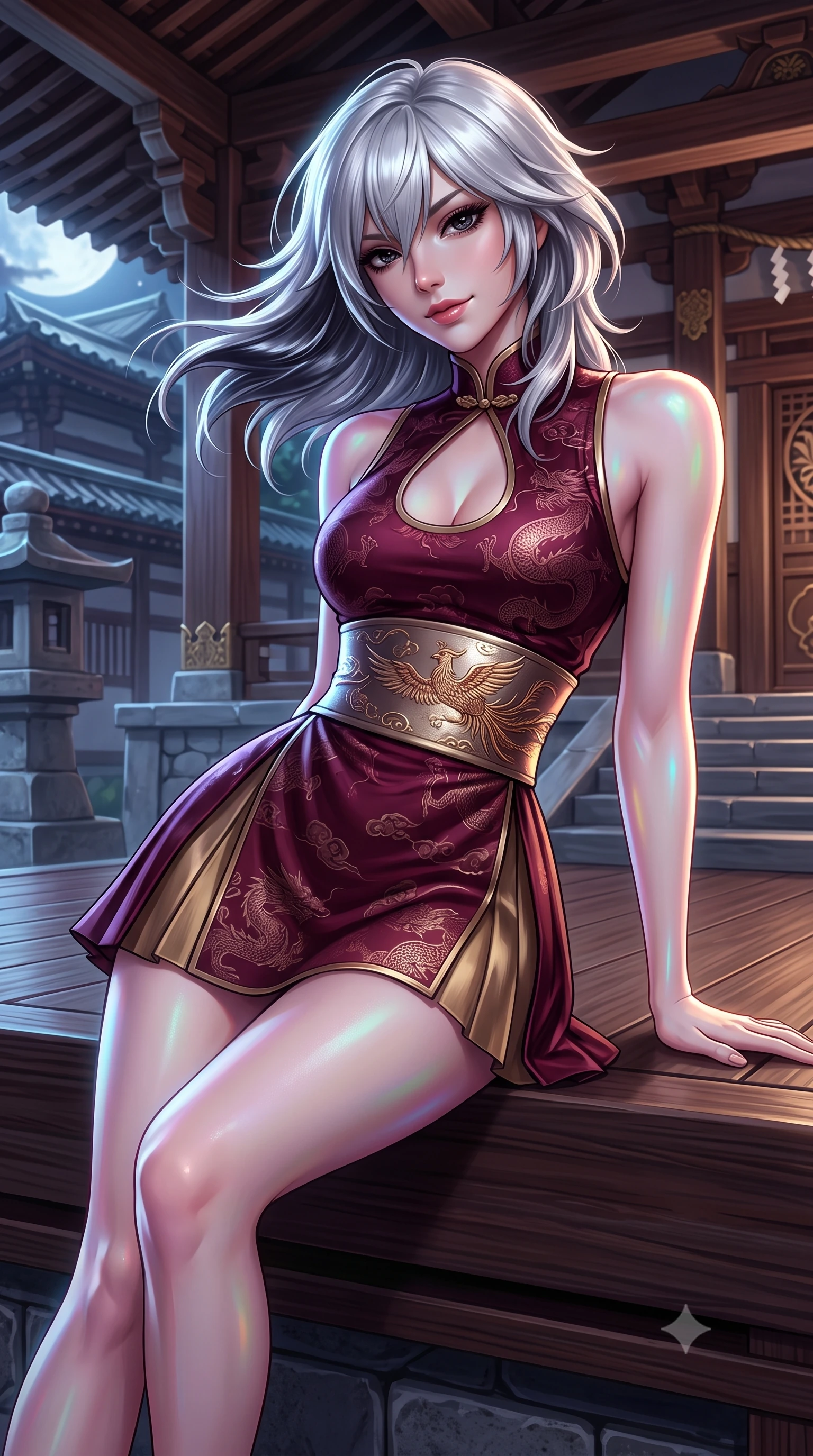 score_9, masterpiece, best quality, ultra-detailed, high-budget anime keyframe, semi-realistic 3D game render, editorial fashion photography, tasteful artistic composition, Japanese woman. close-up cowboy shot from the waist and thighs up, the character dominates the composition, filling the frame with her large presence. turning slowly with a smoldering smile, her glossy dark hair tossing in the evening breeze as her hips angle gracefully in a captivating contrapposto while lounging gracefully across a wooden landing platform propped on one arm, her long slender legs and hourglass curves radiating fantasy allure. The surrounding environment is rendered in vivid detail and crisp panoramic clarity: detailed flowing silk gown drape, bioluminescent reflections on skin, and sacred sanctuary architecture in razor-sharp precision. She has an exceptionally elegant, slender, and willowy female figure with an ultra-slim waist, flat toned midriff, narrow ribcage, and sculpted feminine hips creating an alluring, slim hourglass silhouette without bulk. sharp v-shaped jawline, high-bridge nose, intricate jewel-like dark sparkling almond eyes with depth, thick lashes, glossy parted lips with a natural rose-plum sheen, bright alluring and coquettish smile with bedroom-eyes, exuding both timeless oriental elegance and sovereign high-fashion allure, flawlessly proportioned anatomical accuracy, strict slender model proportions, natural body alignment, perfectly sculpted long slender limbs, ultra-slim waistline, clean dynamic posture without body distortion. wearing a sleeveless modern qipao top with an elegant teardrop chest keyhole cutout paired with a curve-hugging pleated mini skirt in deep wine burgundy and brushed antique gold, made of rich jacquard silk with intricate embossed dragon and cloud motifs, finished with a wide metallic obi sash with intricate embroidered phoenix motifs, the high-waisted wrap tailoring accentuating her ultra-slim waistline and the enchanting curve of her feminine hips with alluring oriental charm. illuminated by soft moonlight and sharp platinum rim lights defining her sculpted collarbones, ultra-slim waist, and curvy hips. highly saturated vibrant anime colors, detailed shading with soft gradients, rich glossy textures, high-contrast stereoscopic depth, volumetric dynamic lighting, master piece, 9:16 ratio