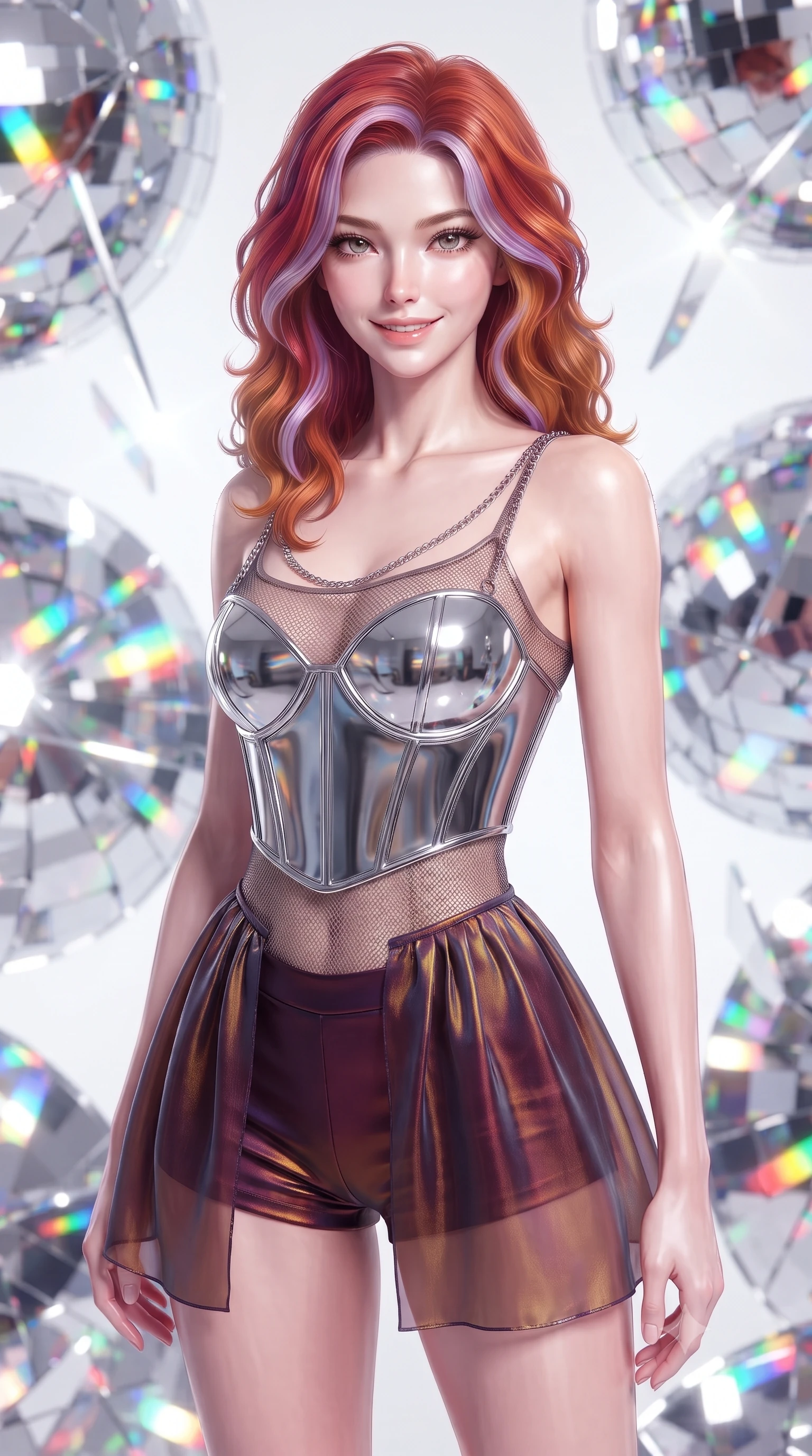 score_9, masterpiece, best quality, ultra-detailed, high-budget anime keyframe, editorial fashion photography, tasteful artistic composition, Caucasian woman. close-up cowboy shot from the waist and thighs up, the character dominates the composition, filling the frame with her large presence, background elements kept in soft focus. Smiling with quiet, magnetic self-assurance directly into the lens surrounded by rotating shattered mirror sculptures reflecting bright acrylic colors, shattered mirror shards scattering brilliant rainbow reflections everywhere. She has an exceptionally elegant, slender, and willowy female figure with an ultra-slim waist, a gracefully sculpted slender torso, and a refined silhouette. sharp v-shaped jawline, high-bridge nose, intricate jewel-like eyes with depth, thick eyelashes, glossy lips with a natural sheen. wearing a chrome-plated structured bodice worn over a sheer mesh top and micro-shorts in deep burgundy and bronze, crafted from iridescent chiffon that shifts colors in the light, adorned with delicate metallic chain straps along the neckline, the sleek second-skin texture accentuating her magnetic presence. drenched in bright white key light with colorful prismatic rim lighting. ultra-reflective glossy finish, specular highlights, metallic sheen, high-contrast stereoscopic depth, volumetric dynamic lighting, 2k, ultra detail, master piece, 9:16 ratio