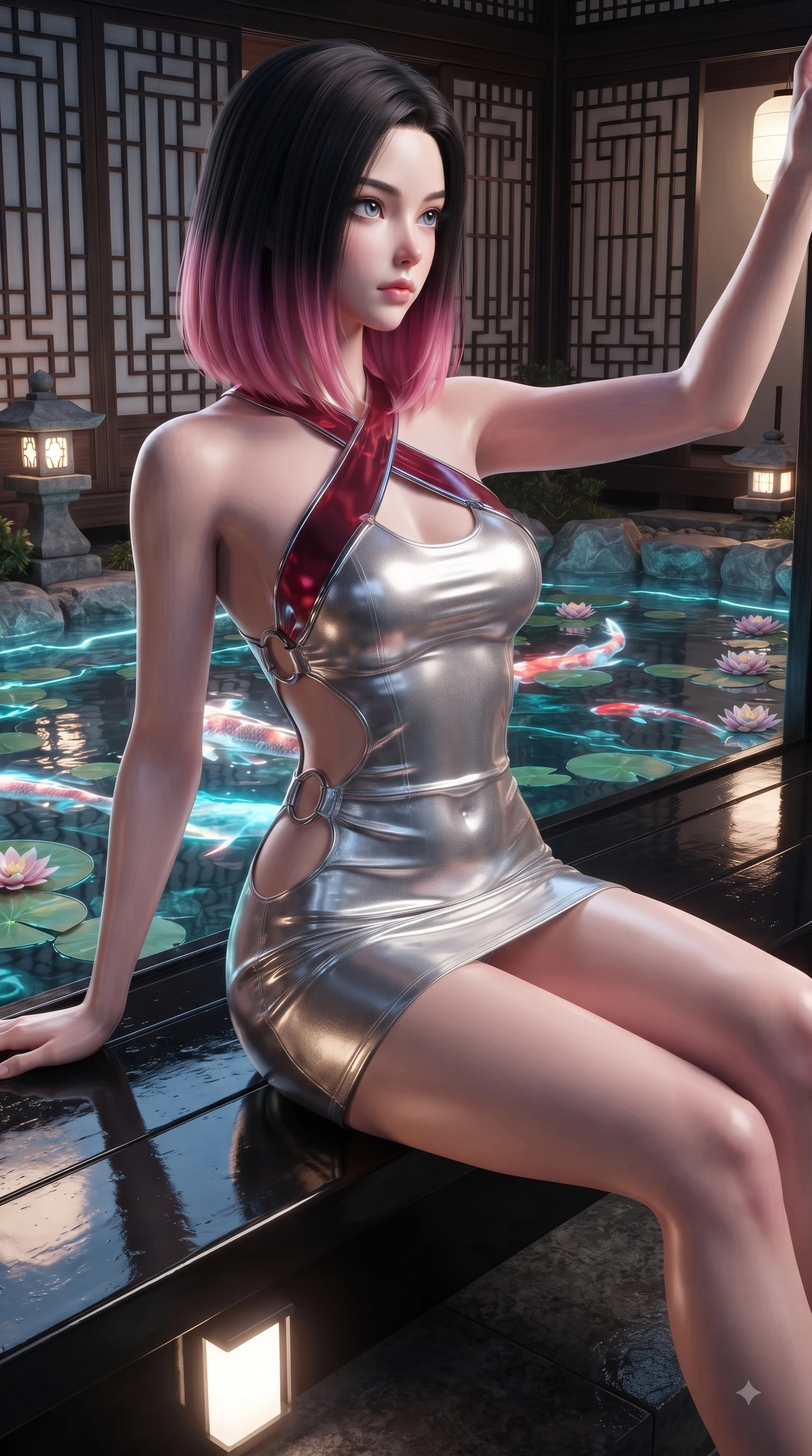 score_9, masterpiece, best quality, ultra-detailed, high-budget anime keyframe, editorial fashion photography, tasteful artistic composition, Korean woman. close-up cowboy shot from the waist and thighs up, the character dominates the composition, filling the frame with her large presence. extending one arm gracefully toward the light while her torso arches in a sleek, alluring curve with magnetic intensity while sitting on a polished black lacquer veranda overlooking a glowing holographic koi pond. The surrounding environment is rendered in vivid detail and crisp panoramic clarity. intricate wooden lattice patterns, floating water lily pads, and stone lanterns in crisp clarity. She has an exceptionally elegant, slender, and willowy female figure with an ultra-slim waist, a gracefully sculpted slender torso, and a refined silhouette. sharp v-shaped jawline, high-bridge nose, intricate jewel-like eyes with depth, thick eyelashes, glossy lips with a natural sheen, flawlessly proportioned anatomical accuracy, natural body alignment, perfectly sculpted elegant limbs, clean dynamic posture without body distortion. wearing a molten silver liquid-metal mini dress featuring deep side-waist cutouts and a daring crossover halter neckline in deep ruby red and polished chrome accents, tailored from semi-translucent cybernetic vinyl with glowing micro-filaments, detailed with polished silver rings connecting the daring side-waist cutouts, the form-contouring second-skin material highlighting her ultra-slim waist and long lines. illuminated by soft glowing floor uplights and sharp specular highlights on wet lacquer. ultra-reflective glossy finish, specular highlights, metallic sheen, high-contrast stereoscopic depth, volumetric dynamic lighting, 2k, ultra detail, master piece, 9:16 ratio