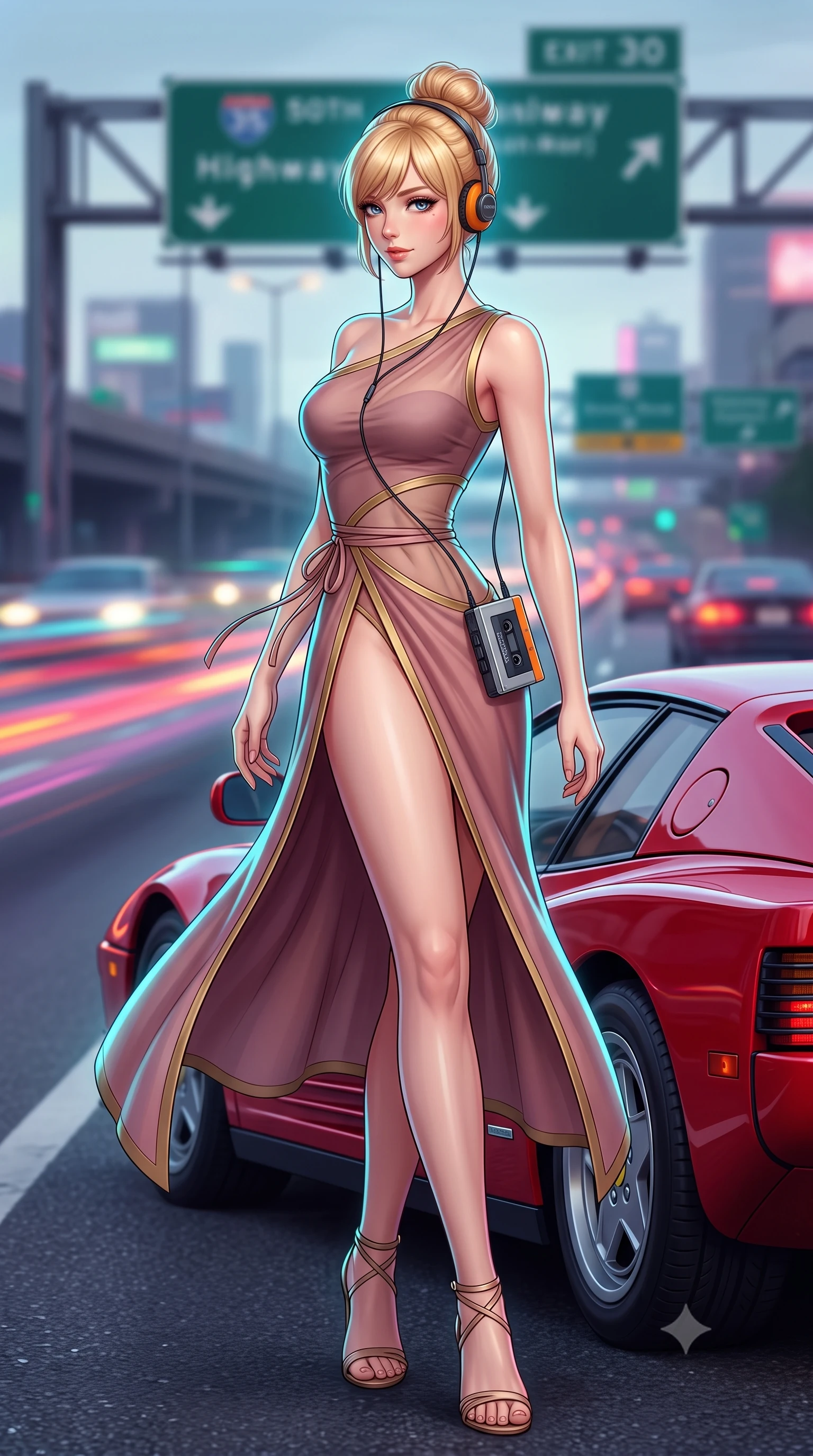 score_9, masterpiece, best quality, ultra-detailed, high-budget anime keyframe, semi-realistic 3D game render, editorial fashion photography, tasteful artistic composition, Caucasian woman. low angle full-body shot from head to toe showing her feet, filling the entire 9:16 vertical frame with her statuesque presence, stretching her vertical silhouette. executing a slow, graceful pivot turn as her skirt sways around her slender legs, glancing back with an enchanting, teasing sensual expression while standing poised beside a sleek retro sports car parked on the shoulder, arching her back with dangerous 80s city-pop glamour. The background shows a soft-focus highway overhead gantry signage softened in high-octane retro city shallow focus. She has an absolutely perfect, statuesque 8.5-heads proportion, an exceptionally tall and slender model-like female figure with impossibly long slender legs, an ultra-slim waist, a flat toned midriff, narrow delicate ribcage, and beautifully sculpted feminine hips creating a graceful, slim hourglass silhouette without any bulky heaviness. sharp v-shaped jawline, high-bridge nose, sparkling eyes with hypnotic seductive depth, thick curled eyelashes, glossy parted lips with a natural dewy peach sheen, alluring bedroom-eyes with an enchanting coquettish smile, exuding magnetic siren charisma and sophisticated glamour, flawlessly proportioned anatomical accuracy, strict slender model proportions, natural body alignment, perfectly sculpted long slender limbs, ultra-slim waistline, clean dynamic posture without body distortion. wearing an asymmetric one-shoulder modern hanbok tunic with dramatic side hip slit and delicate waist ribbons in dusky blush rose and antique gold trims, made of semi-opaque stretch illusion mesh with soft shadowy contours, complemented by a retro cassette walkman with vintage foam-padded orange headphones, the form-contouring silhouette accentuating her sculpted flat midriff, narrow delicate ribcage, and gracefully curvy hips with intoxicating allure. illuminated by passing car headlight streaks and sharp electric-cyan rim lights defining her razor-sharp jawline, narrow waist, and curvy hips. highly saturated vibrant anime colors, detailed shading with soft gradients, rich glossy textures, high-contrast stereoscopic depth, volumetric dynamic lighting, master piece, 9:16 ratio