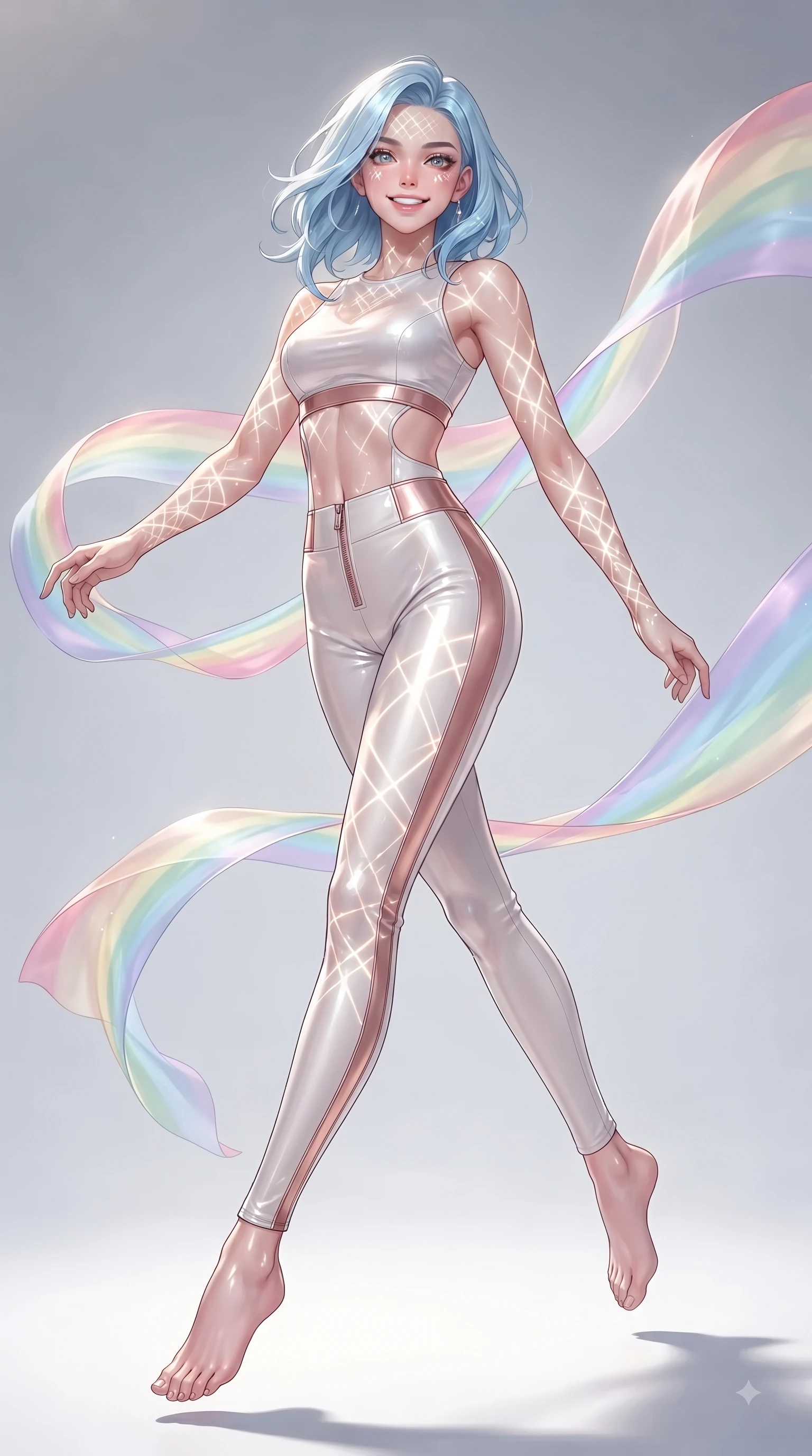 score_9, masterpiece, best quality, ultra-detailed, high-budget anime keyframe, editorial fashion photography, tasteful artistic composition, Korean woman. low angle full-body shot from head to toe showing her feet, filling the entire 9:16 vertical frame with her statuesque presence, stretching her vertical silhouette. stepping forward in a proud dynamic stride with a cheerful beaming smile, her vertical silhouette filling the frame while spinning in mid-air as translucent rainbow silk ribbons swirl around her with joyful grace, intricate geometric lattice patterns of bright light projected onto her skin. She has an absolutely perfect, statuesque 8.5-heads proportion, an exceptionally tall and slender model-like female figure with impossibly long slender legs and an ultra-slim waist. sharp v-shaped jawline, high-bridge nose, intricate jewel-like eyes with depth, thick eyelashes, glossy lips with a natural sheen, flawlessly proportioned anatomical accuracy, natural body alignment, perfectly sculpted elegant limbs, clean dynamic posture without body distortion. wearing a glossy vinyl crop top and high-waist tailored leggings with sleek zippers in pearl white and rose gold, tailored from high-gloss patent leather, featuring clean architectural cutouts along her slender torso, the glove-like fit emphasizing her statuesque silhouette during motion. bathed in sharp geometric laser grid highlights and soft airy ambient fill. ultra-reflective glossy finish, specular highlights, metallic sheen, high-contrast stereoscopic depth, volumetric dynamic lighting, 2k, ultra detail, master piece, 9:16 ratio