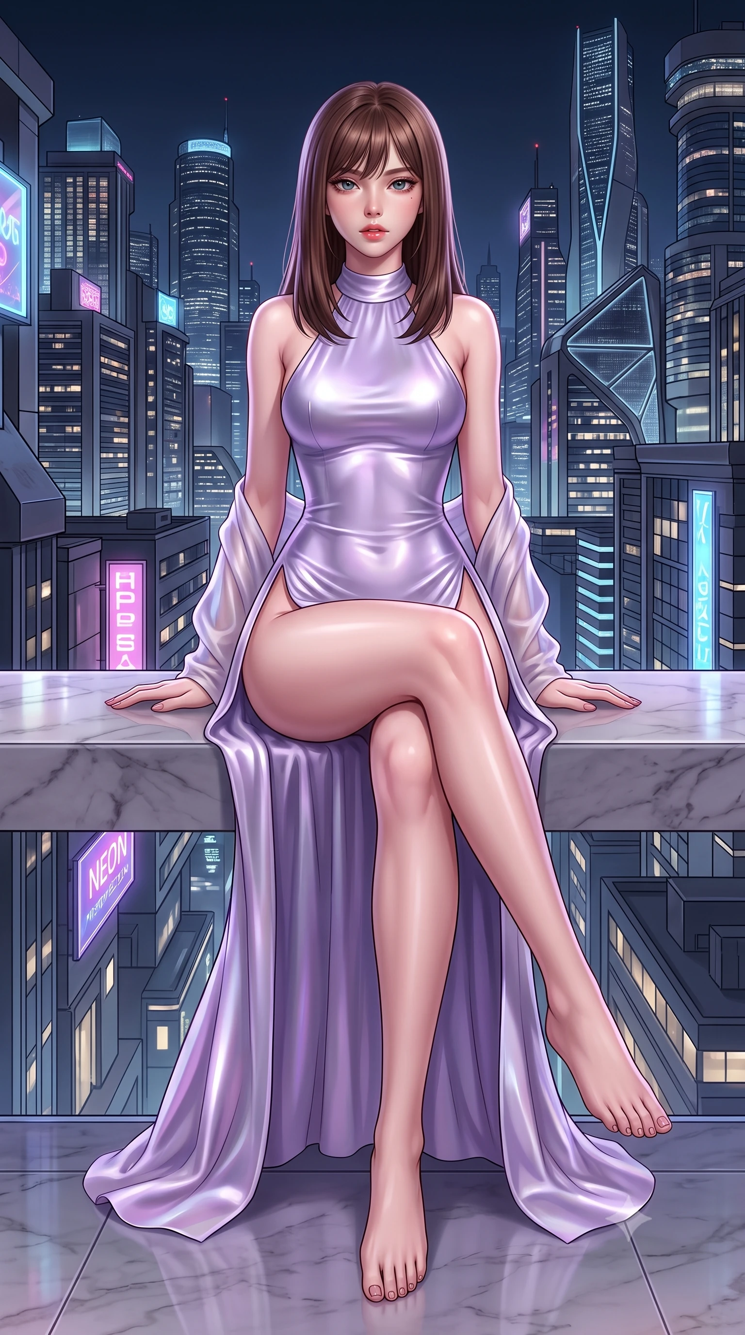 score_9, masterpiece, best quality, ultra-detailed, high-budget anime keyframe, semi-realistic 3D game render, editorial fashion photography, tasteful artistic composition, Korean woman. low angle full-body shot from head to toe showing her feet, filling the entire 9:16 vertical frame with her statuesque presence, stretching her vertical silhouette. sitting perched on the elevated ledge with hips angled toward the camera and legs crossed, displaying her toned midriff and flawlessly sculpted slender limbs while pivoting gracefully on the polished balcony deck with hips shifted in a pronounced contrapposto stance, parted glossy lips reflecting city neon. The surrounding environment is rendered in vivid detail and crisp panoramic clarity. sleek modern luxury chiaroscuro and futuristic skyline elegance rendered with environmental precision. She has an absolutely perfect, statuesque 8.5-heads proportion, an exceptionally tall and slender model-like female figure with impossibly long slender legs, a toned flat midriff, an ultra-slim waist, and beautifully sculpted feminine hips. sharp v-shaped jawline, high-bridge nose, intricate jewel-like eyes with depth, thick eyelashes, glossy parted lips with a natural sheen, intensely captivating and seductive bedroom-eyes expression, flawlessly proportioned anatomical accuracy, strict slender model proportions, natural body alignment, perfectly sculpted long slender limbs, ultra-slim waistline, clean dynamic posture without body distortion. wearing a halter-neck liquid metallic gown with open side slits ascending to the high hip in pearlescent opal with soft violet luster, tailored from ultra-smooth duchess satin with a pearlescent sheen, finished with a gossamer silk shawl draped loosely over her elbows, the form-contouring material adhering flawlessly to her sculpted flat midriff and slender torso, emphasizing her long leg lines and perfectly proportioned willowy build. surrounded by a cosmopolitan, elite, and intensely magnetic modern royalty aura. highly saturated vibrant anime colors, detailed shading with soft gradients, rich glossy textures, high-contrast stereoscopic depth, volumetric dynamic lighting, master piece, 9:16 ratio