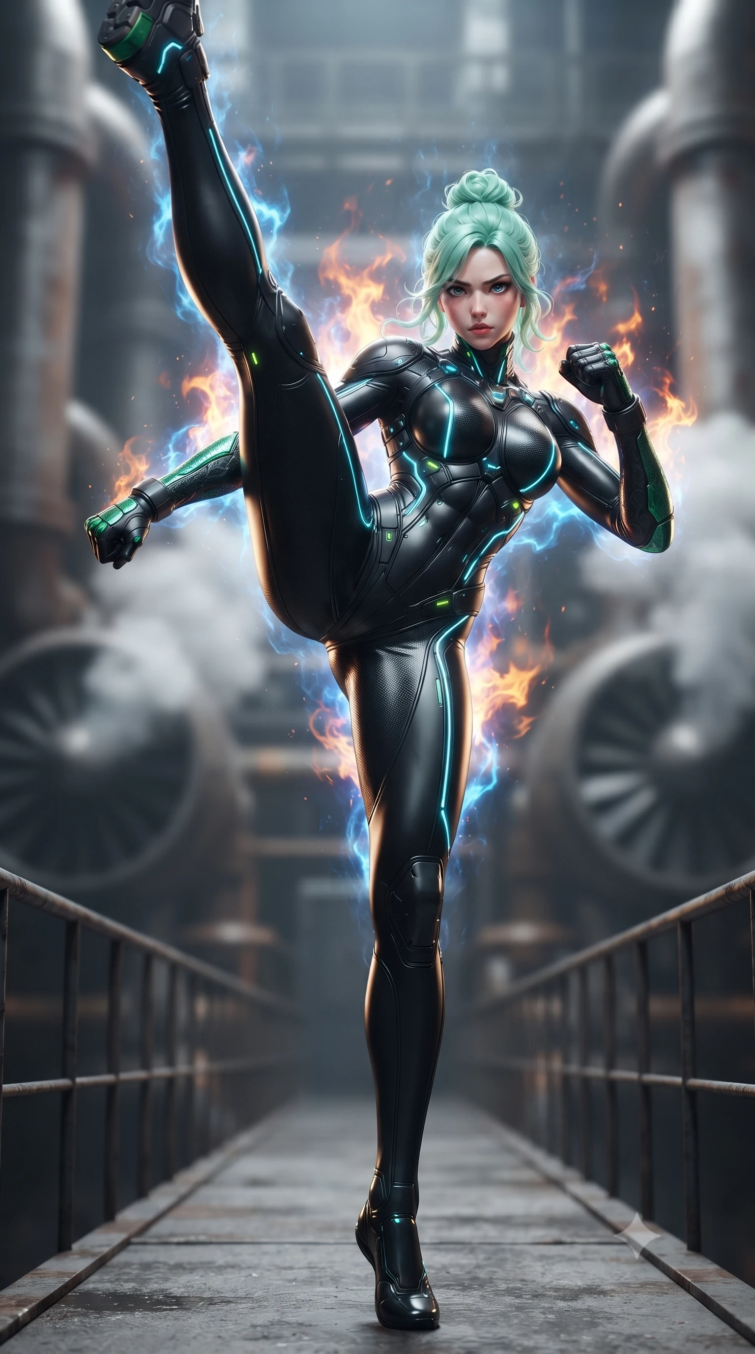 score_9, masterpiece, best quality, ultra-detailed, high-budget anime keyframe, editorial fashion photography, tasteful artistic composition, Japanese woman. low angle full-body shot from head to toe showing her feet, filling the entire 9:16 vertical frame with her statuesque presence, stretching her vertical silhouette. executing a breathtaking zero-gravity high-kick with full 180-degree vertical extension, her impossibly long slender legs dominating the frame with razor-sharp poise while striding commanding across the narrow catwalk with arms held in loose, deadly martial readiness. The composition keeps background elements in soft focus with creamy bokeh. massive industrial reactor pipes and steam exhaust turbines softened in atmospheric shallow focus. She has an absolutely perfect, statuesque 8.5-heads proportion, an exceptionally tall and slender model-like female figure with impossibly long slender legs, a toned flat midriff, and an ultra-slim waist. sharp v-shaped jawline, high-bridge nose, intricate jewel-like eyes with depth, thick eyelashes, glossy lips with a natural sheen, flawlessly proportioned anatomical accuracy, strict slender model proportions, natural body alignment, perfectly sculpted long slender limbs, ultra-slim waistline, clean dynamic posture without body distortion. wearing a high-mobility matte-black carbon-fiber combat bodysuit with glowing neon cyan kinetic conduits and Damascus-textured knuckle guards in emerald green carbon composite with glowing lime laser channels, tailored from flexible second-skin carbon-mesh that clings flawlessly to her athletic curves, reinforced by a sleek titanium kinetic harness and glowing micro-energy straps, the sleek second-skin cut tightly hugging her graceful clavicle, narrow waist, and feminine curves with athletic precision. surrounded by an elemental, fierce, and irresistibly powerful cyber-valkyrie of flame aura. ultra-reflective glossy finish, specular highlights, dark metallic sheen, high-contrast stereoscopic depth, volumetric dynamic lighting, 2k, ultra detail, master piece, 9:16 ratio