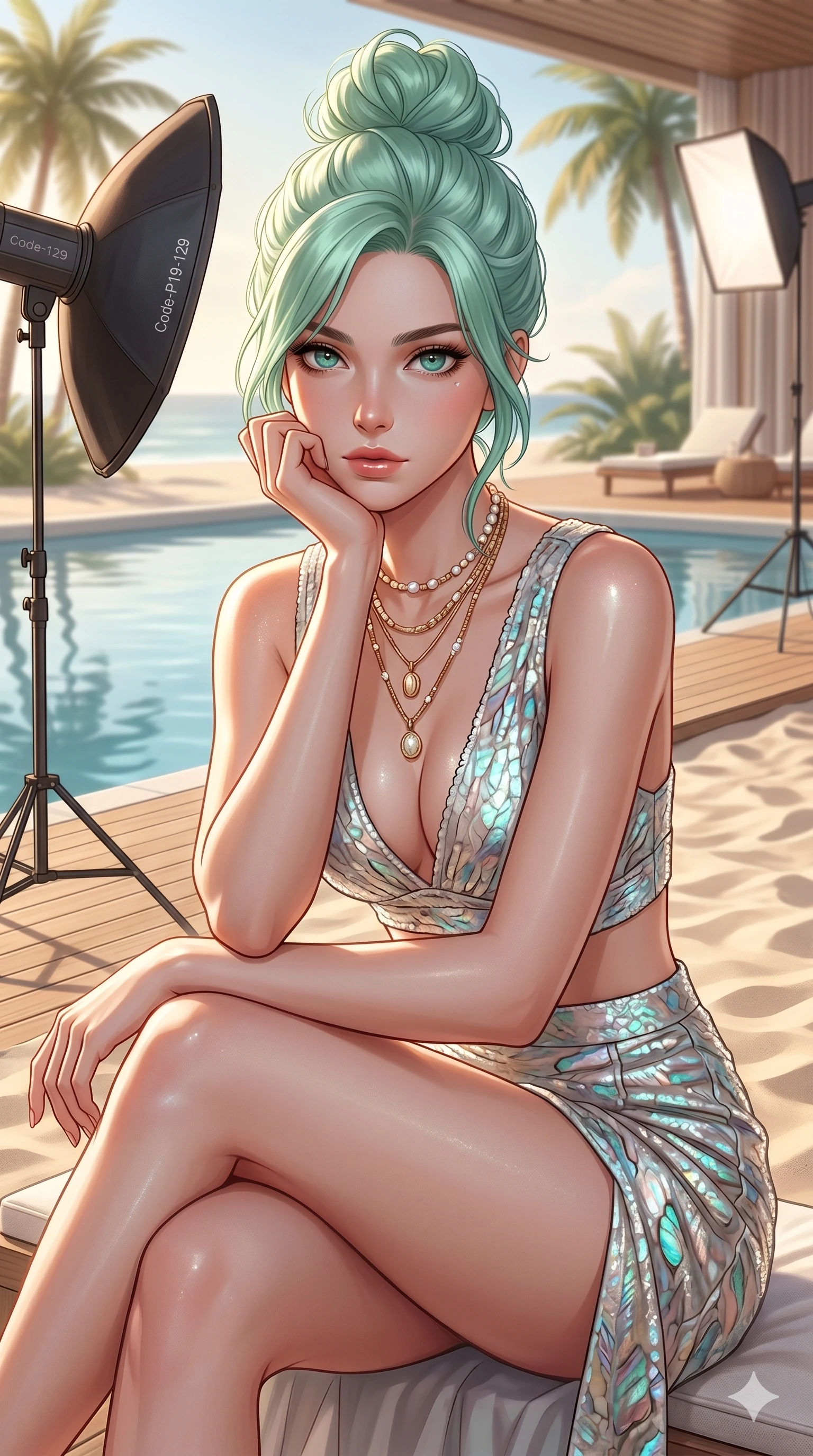 score_9, masterpiece, best quality, ultra-detailed, high-budget anime keyframe, editorial fashion photography, tasteful artistic composition, Japanese woman. cowboy shot from the thighs up, character and outfit filling the frame for maximum editorial presence. sitting near the pool, resting her chin on her hand, looking directly into the camera inside a professional beach photo studio with a large reflector (Code-P19-129). She has an absolutely perfect 8-heads proportion, an exceptionally tall and slender female figure with impossibly long slender legs and an ultra-slim waist. V-shaped jawline, high-bridge nose, intricate jewel-like eyes with depth, thick eyelashes, glossy lips with a natural sheen. wearing a resort set with exposed waist and high-slit skirt in seashell laminate. drenched in soft morning sunshine, tracing her bare shoulders and clavicle lines. 2k, ultra detail, master piece, 9:16 ratio