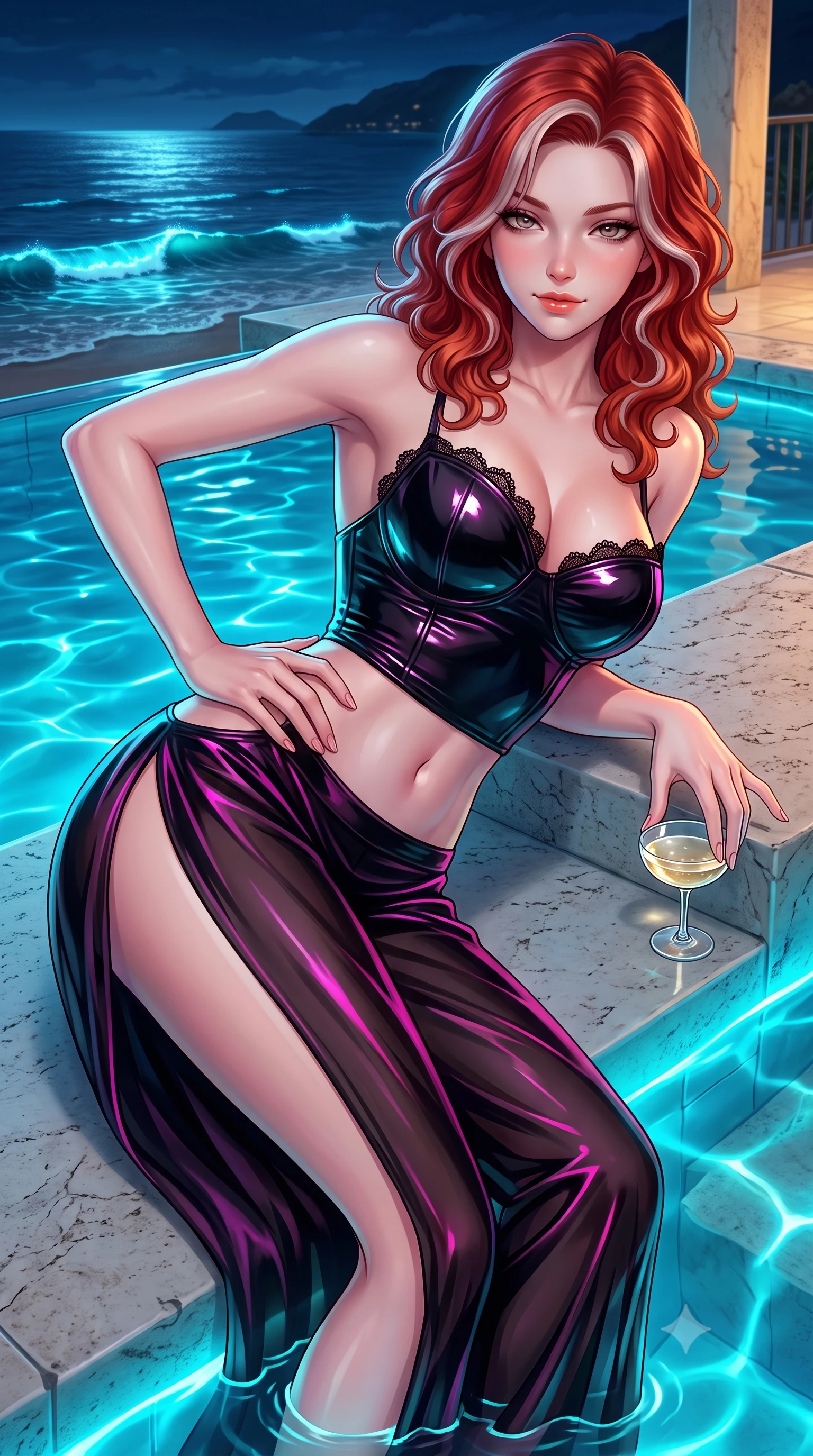 score_9, masterpiece, best quality, ultra-detailed, high-budget anime keyframe, semi-realistic 3D game render, editorial fashion photography, tasteful artistic composition, Caucasian woman. close-up cowboy shot from the waist and thighs up, the character dominates the composition, filling the frame with her large presence. twisting her slender torso in an alluring contrapposto stance, one hand resting on her sculpted hip while her fingers toy with a champagne coupe while lounging on the submerged pool tanning shelf propped on one elbow, her flat midriff and long slender limbs commanding the moonlit coastal vista. The surrounding environment is rendered in vivid detail and crisp panoramic clarity: sharp glass infinity edge rim reflections, limestone texture, and glowing bioluminescent wave crests in deep focus. She has an exceptionally elegant, slender, and willowy female figure with an ultra-slim waist, flat toned midriff, narrow ribcage, and sculpted feminine hips creating an alluring, slim hourglass silhouette without bulk. sharp v-shaped jawline, high-bridge nose, sparkling eyes with hypnotic seductive depth, thick curled eyelashes, glossy parted lips with a natural dewy peach sheen, alluring bedroom-eyes with an enchanting coquettish smile, exuding magnetic siren charisma and sophisticated high-fashion glamour, flawlessly proportioned anatomical accuracy, strict slender model proportions, natural body alignment, perfectly sculpted long slender limbs, ultra-slim waistline, clean dynamic posture without body distortion. wearing a wet-look form-fitting vinyl bustier paired with sheer chiffon high-slit wide-leg trousers in wet-look onyx black with electric magenta reflections, tailored from ultra-plush velvet with rich tactile depth and deep shadow gradients, finished with scalloped eyelash lace trim framing her sweetheart neckline with intimate elegance, the precision-cut side openings and low-back scoop framing her graceful spine and the sensual sweep of her slim, toned hips. bathed in eerie glowing cyan bioluminescence from the water mixed with warm villa patio lighting. highly saturated vibrant anime colors, detailed shading with soft gradients, rich glossy textures, high-contrast stereoscopic depth, volumetric dynamic lighting, master piece, 9:16 ratio