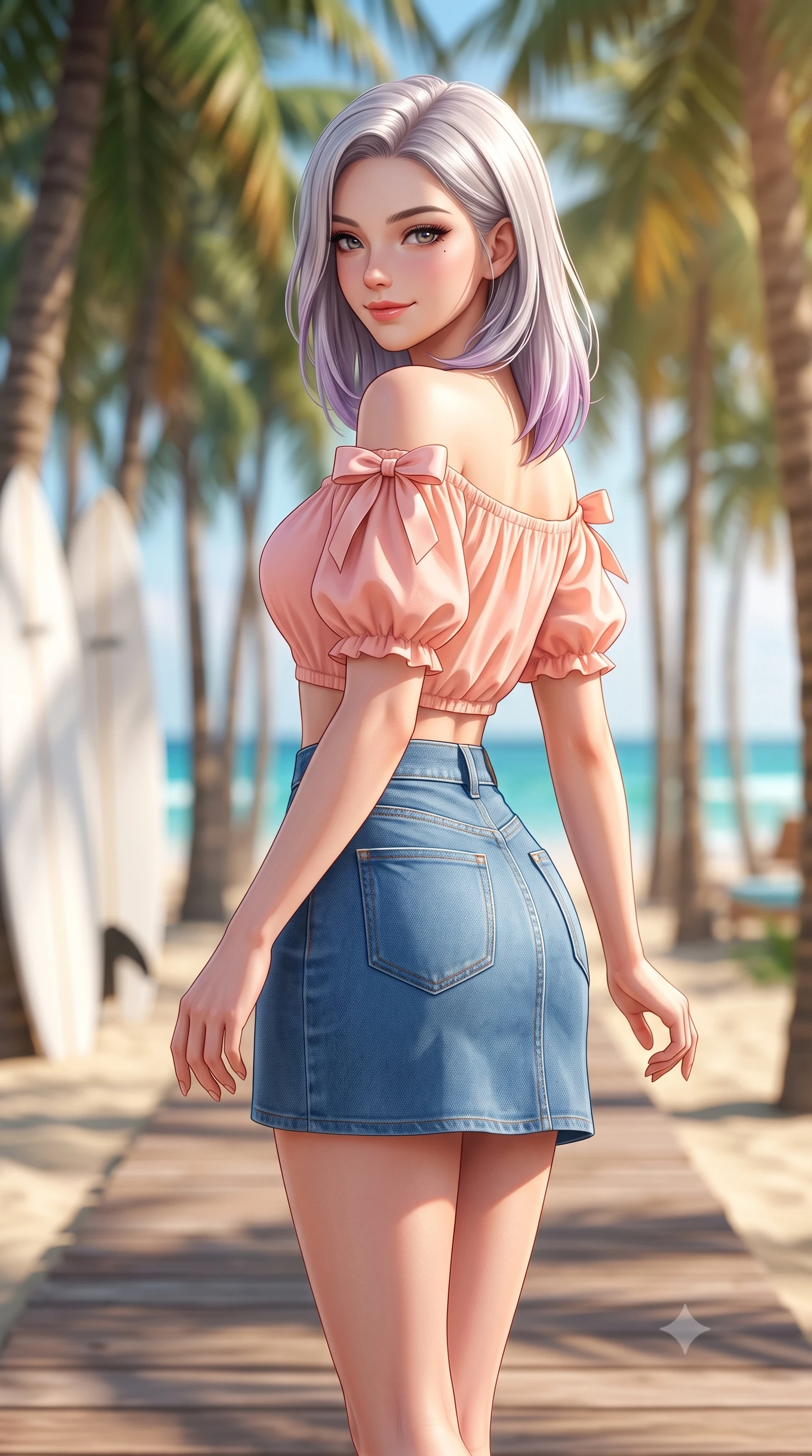 score_9, masterpiece, best quality, ultra-detailed, high-budget anime keyframe, semi-realistic 3D game render, editorial fashion photography, tasteful artistic composition, Caucasian woman. close-up cowboy shot from the waist and thighs up, the character dominates the composition, filling the frame with her large presence. posing in an alluring rear three-quarter angle, turning over a bare shoulder with an intoxicating cute smile, her hips cocked back to highlight her slim hourglass curve while striding cheerfully along the wooden boardwalk leading through a shaded coconut palm grove, arching her back with an infectious sun-kissed smile. The composition keeps background elements in soft focus with dreamy creamy bokeh. swaying coconut palm groves, white surf shack boards, and turquoise Pacific breakers blurred into jade, cyan, and golden amber bokeh. She has an exceptionally elegant, slender, and willowy female figure with an ultra-slim waist, flat toned midriff, narrow ribcage, and sculpted feminine hips creating an alluring, slim hourglass silhouette without bulk. sharp v-shaped jawline, high-bridge nose, intricate jewel-like sparkling eyes with depth, thick eyelashes, glossy parted lips with a natural peach sheen, bright cheerful beaming smile with an enchanting and coquettish sensual glint, exuding both youthful cute charm and seductive allure, flawlessly proportioned anatomical accuracy, strict slender model proportions, natural body alignment, perfectly sculpted long slender limbs, ultra-slim waistline, clean dynamic posture without body distortion. wearing an off-shoulder puff-sleeve crop blouse with a tight high-waisted denim A-line mini skirt emphasizing her curvy hips in pastel peach blossom pink and warm champagne ivory, tailored from crisp cotton poplin with clean structural lines, finished with cute satin bow ribbons tying at the shoulders, the liquid-tight tailored fabric clinging flawlessly to her narrow waist and rounded feminine hips, emphasizing every millimeter of her sculpted slim hourglass curves without any bulky heaviness. bathed in brilliant tropical afternoon golden sunlight and radiant turquoise water bounce fill. highly saturated vibrant anime colors, detailed shading with soft gradients, rich glossy textures, high-contrast stereoscopic depth, volumetric dynamic lighting, master piece, 9:16 ratio