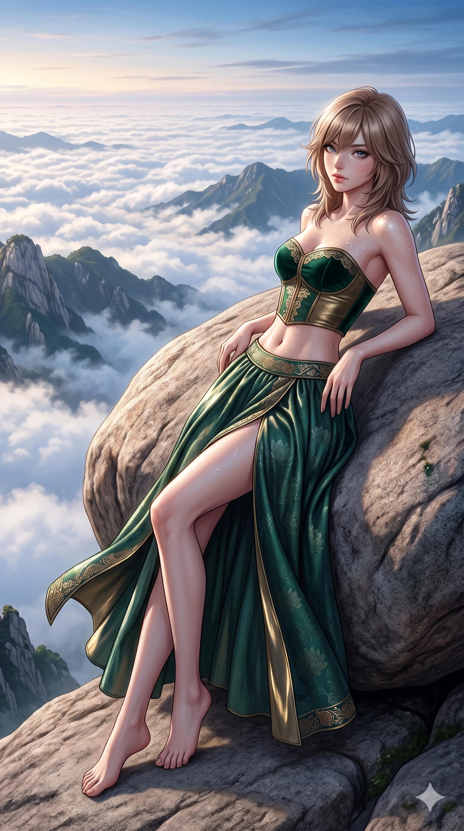 score_9, masterpiece, best quality, ultra-detailed, high-budget anime keyframe, semi-realistic 3D game render, editorial fashion photography, tasteful artistic composition, Japanese woman. low angle full-body shot from head to toe showing her feet, filling the entire 9:16 vertical frame with her statuesque presence, stretching her vertical silhouette. executing a slow, graceful pivot turn as her silk wrap skirt sways around her slender legs, glancing back with an enchanting, teasing sensual expression while lounging back against the smooth granite rock propped on both elbows, her flat midriff and long slender legs commanding the panoramic mountain vista. The surrounding environment is rendered in vivid detail and crisp panoramic clarity: detailed liquid metallic lamé plunge jumpsuit cling, side cutouts, and pristine mountain geology in razor-sharp clarity. She has an absolutely perfect, statuesque 8.5-heads proportion, an exceptionally tall and slender model-like female figure with impossibly long slender legs, an ultra-slim waist, a flat toned midriff, narrow delicate ribcage, and beautifully sculpted feminine hips creating a graceful, slim hourglass silhouette without any bulky heaviness. sharp v-shaped jawline, high-bridge nose, sparkling eyes with hypnotic seductive depth, thick curled eyelashes, glossy parted lips with a natural dewy peach sheen, alluring bedroom-eyes with an enchanting coquettish smile, exuding magnetic siren charisma and sophisticated glamour, flawlessly proportioned anatomical accuracy, strict slender model proportions, natural body alignment, perfectly sculpted long slender limbs, ultra-slim waistline, clean dynamic posture without body distortion. wearing a tailored silk velvet hanbok corset top paired with an ankle-length fluid chima skirt with a thigh-high slit in dark emerald forest and brushed antique gold, tailored from rich silk jacquard with subtle embossed lotus blossom patterns, finished with glistening drops of night dew beading across her sculpted shoulders and flat midriff, the form-contouring silhouette accentuating her sculpted flat midriff, narrow delicate ribcage, and gracefully curvy hips with intoxicating allure. illuminated by cloud sea upward bounce and sharp silver-topaz rim lights defining her razor-sharp jawline, narrow waist, and curvy hips. highly saturated vibrant anime colors, detailed shading with soft gradients, rich glossy textures, high-contrast stereoscopic depth, volumetric dynamic lighting, master piece, 9:16 ratio