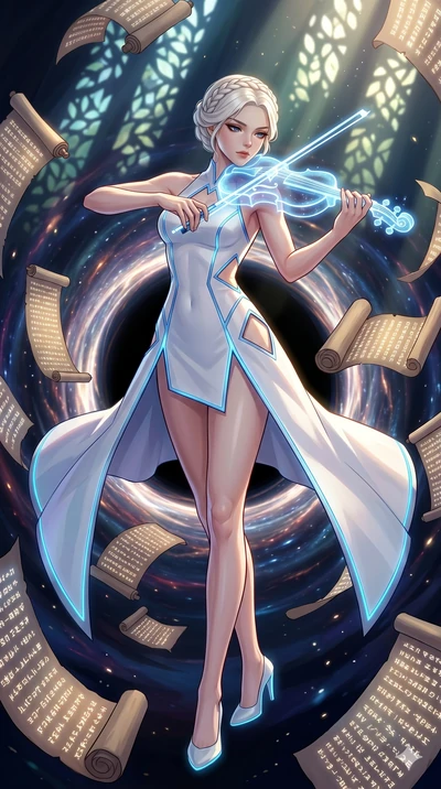 score_9, masterpiece, best quality, ultra-detailed, Set A: High-budget Anime Keyframe, Korean woman. Low angle cowboy shot filling the entire 9:16 frame with her statuesque presence. Theme: Historical Remix. playing a holographic violin in the edge o