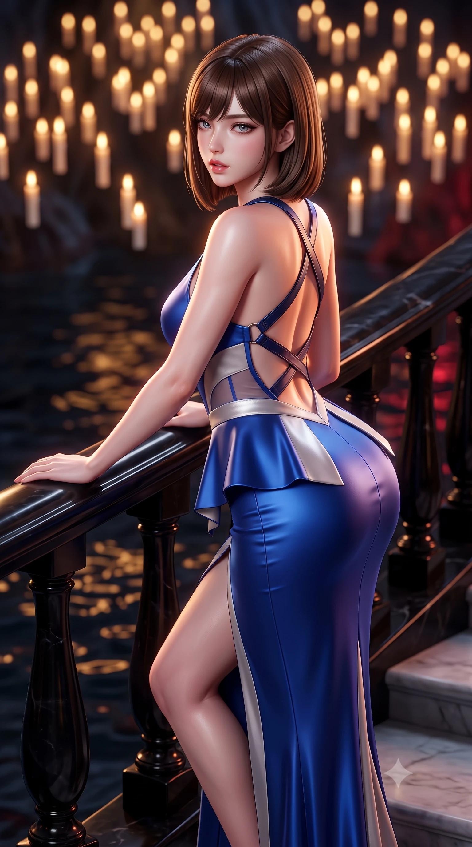 score_9, masterpiece, best quality, ultra-detailed, high-budget anime keyframe, semi-realistic 3D game render, editorial fashion photography, tasteful artistic composition, Korean woman. close-up cowboy shot from the waist and thighs up, the character dominates the composition, filling the frame with her large presence. leaning forward against the polished railing with her hips cocked back, creating an intoxicating curve from her narrow waist to sculpted hips as she gazes back into the lens while gliding down the candlelit marble cavern steps with sovereign grace, her liquid dark drapery clinging seamlessly to her slender model waist. The composition keeps background elements in soft focus with creamy bokeh. thousands of flickering floating candles and dark cavern lake ripples blurred into deep obsidian, molten gold, and blood-ruby bokeh. She has an exceptionally elegant, slender, and willowy female figure with an ultra-slim waist, flat toned midriff, narrow ribcage, and sculpted feminine hips creating an alluring, slim hourglass silhouette without bulk. sharp v-shaped jawline, high-bridge nose, intricate jewel-like eyes with depth, thick eyelashes, glossy parted lips with a natural sheen, intensely captivating and seductive bedroom-eyes expression, flawlessly proportioned anatomical accuracy, strict slender model proportions, natural body alignment, perfectly sculpted long slender limbs, ultra-slim waistline, clean dynamic posture without body distortion. wearing a structural geometric peplum gown with sheer side-ribbon cutouts and form-fitting skirt in royal sapphire blue and brushed platinum, tailored from ultra-smooth duchess satin with a pearlescent sheen, featuring an open-back criss-cross harness strap in dark leather, the form-contouring material adhering flawlessly to her sculpted flat midriff and slender torso, emphasizing her long leg lines and perfectly proportioned willowy build. illuminated by rich specular rim lights defining her razor-sharp jawline, narrow waist, and curvy hips. highly saturated vibrant anime colors, detailed shading with soft gradients, rich glossy textures, high-contrast stereoscopic depth, volumetric dynamic lighting, master piece, 9:16 ratio