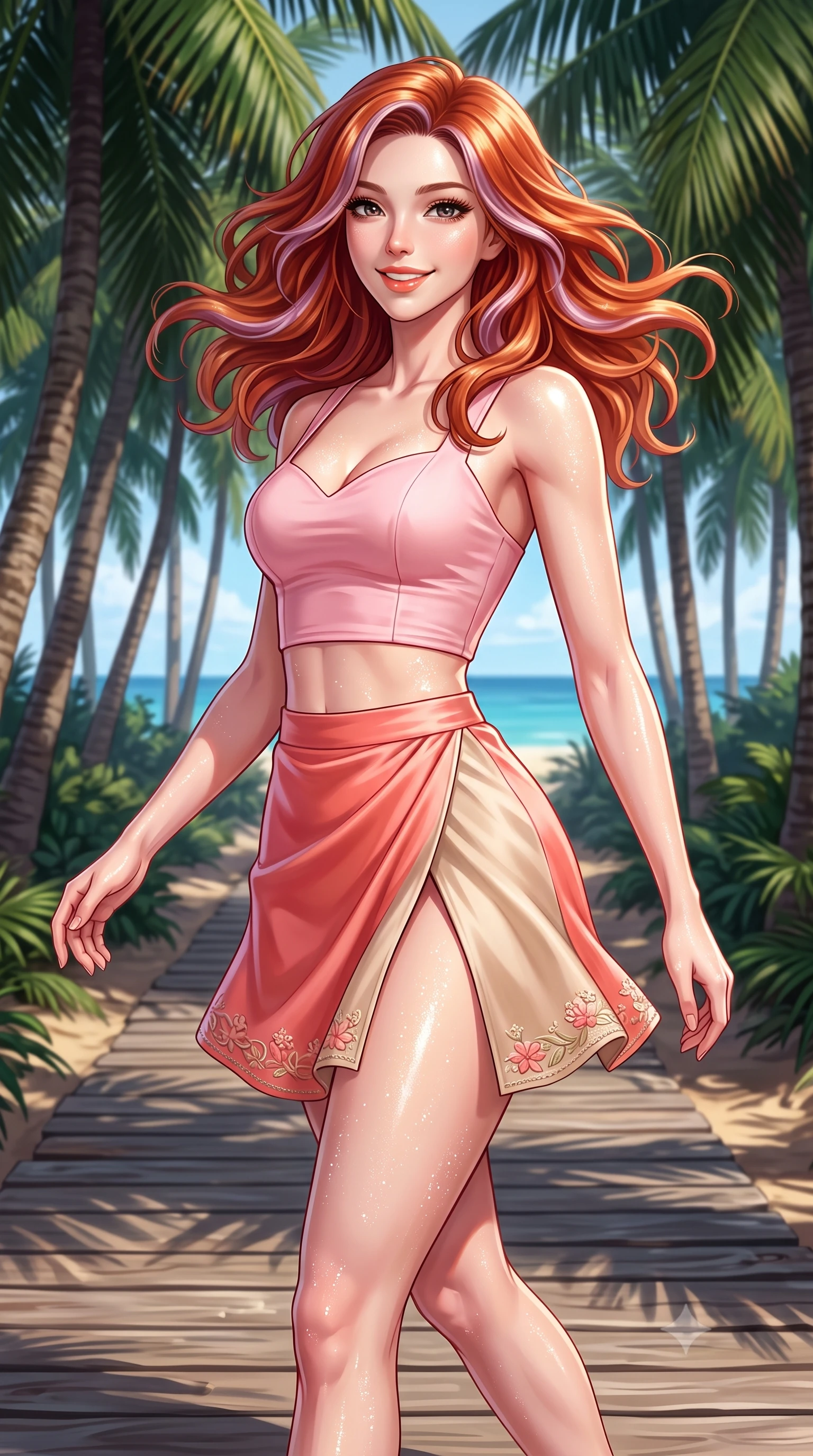 score_9, masterpiece, best quality, ultra-detailed, high-budget anime keyframe, semi-realistic 3D game render, editorial fashion photography, tasteful artistic composition, Caucasian woman. close-up cowboy shot from the waist and thighs up, the character dominates the composition, filling the frame with her large presence. turning playfully with a bright confident smile, her glossy hair tossing in the breeze as her hips angle gracefully in a captivating contrapposto while striding cheerfully along the wooden boardwalk leading through a shaded coconut palm grove, arching her back with an infectious sun-kissed smile. The surrounding environment is rendered in vivid detail and crisp panoramic clarity. detailed sporty chic outfit weave, glistening sun spray on skin, and ocean horizon clarity in high resolution. She has an exceptionally elegant, slender, and willowy female figure with an ultra-slim waist, flat toned midriff, narrow ribcage, and sculpted feminine hips creating an alluring, slim hourglass silhouette without bulk. sharp v-shaped jawline, high-bridge nose, intricate jewel-like sparkling eyes with depth, thick eyelashes, glossy parted lips with a natural peach sheen, bright cheerful beaming smile with an enchanting and coquettish sensual glint, exuding both youthful cute charm and seductive allure, flawlessly proportioned anatomical accuracy, strict slender model proportions, natural body alignment, perfectly sculpted long slender limbs, ultra-slim waistline, clean dynamic posture without body distortion. wearing a sweetheart-neckline baby-pink crop top with a high-slit wrap mini skirt accentuating her waist-to-hip curve in warm coral pink and soft oatmeal beige, made of smooth fluid silk satin with a delicate pearlescent sheen, complemented by delicate embroidered floral trim along the hem, the high-waisted tailoring accentuating her ultra-slim waistline and the enchanting curve of her feminine hips with alluring charm. illuminated by warm sand specular reflections sharply carving her razor-sharp jawline, narrow waist, and curvy hips. highly saturated vibrant anime colors, detailed shading with soft gradients, rich glossy textures, high-contrast stereoscopic depth, volumetric dynamic lighting, master piece, 9:16 ratio
