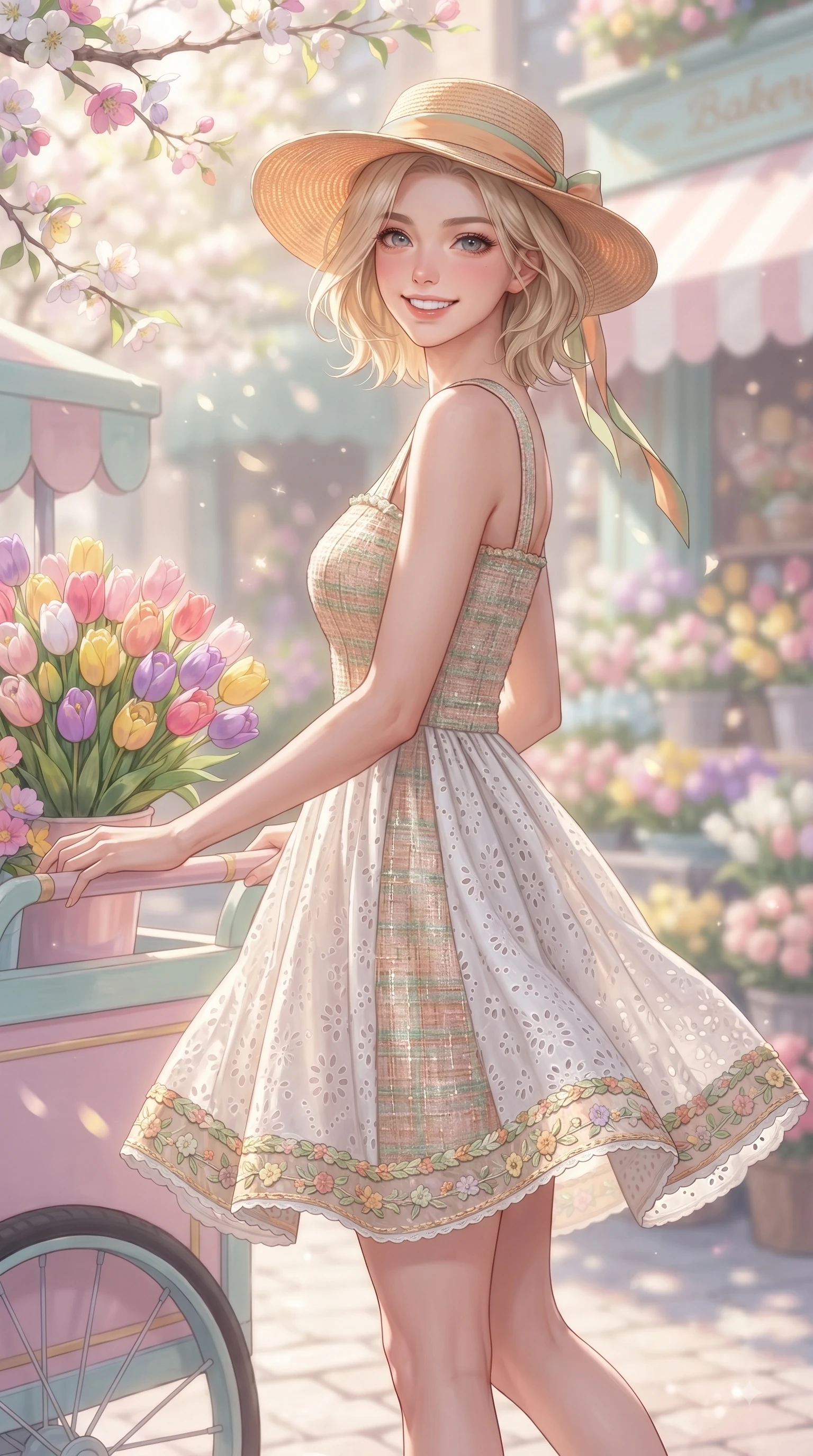 score_9, masterpiece, best quality, ultra-detailed, high-budget anime keyframe, editorial fashion photography, tasteful artistic composition, Caucasian woman. close-up cowboy shot from the waist and thighs up, the character dominates the composition, filling the frame with her large presence. Youthful bright smile exuding pure cute charm and fresh energy, her torso turning dynamically into the lens while pivoting playfully near a pastel flower cart holding a bouquet of colorful tulips with a beaming smile. The composition keeps background elements in soft focus with dreamy bokeh. pastel flower displays and vintage bakery awnings shimmering softly in creamy background bokeh. She has an exceptionally elegant, slender, and willowy female figure with an ultra-slim waist, a gracefully sculpted slender torso, and a refined silhouette. sharp v-shaped jawline, high-bridge nose, intricate jewel-like eyes with depth, thick eyelashes, glossy lips with a natural sheen, flawlessly proportioned anatomical accuracy, natural body alignment, perfectly sculpted elegant limbs, clean dynamic posture without body distortion. wearing an airy white eyelet lace sundress with a woven straw hat motif in warm apricot and sage green, tailored from soft pastel tweed with subtle metallic thread, complemented by delicate embroidered floral trim along the hem, the breezy lightweight fabric fluttering softly against her delicate frame. illuminated by gentle sunbeams streaming through blooming flower branches. ultra-reflective glossy finish, specular highlights, metallic sheen, high-contrast stereoscopic depth, volumetric dynamic lighting, 2k, ultra detail, master piece, 9:16 ratio