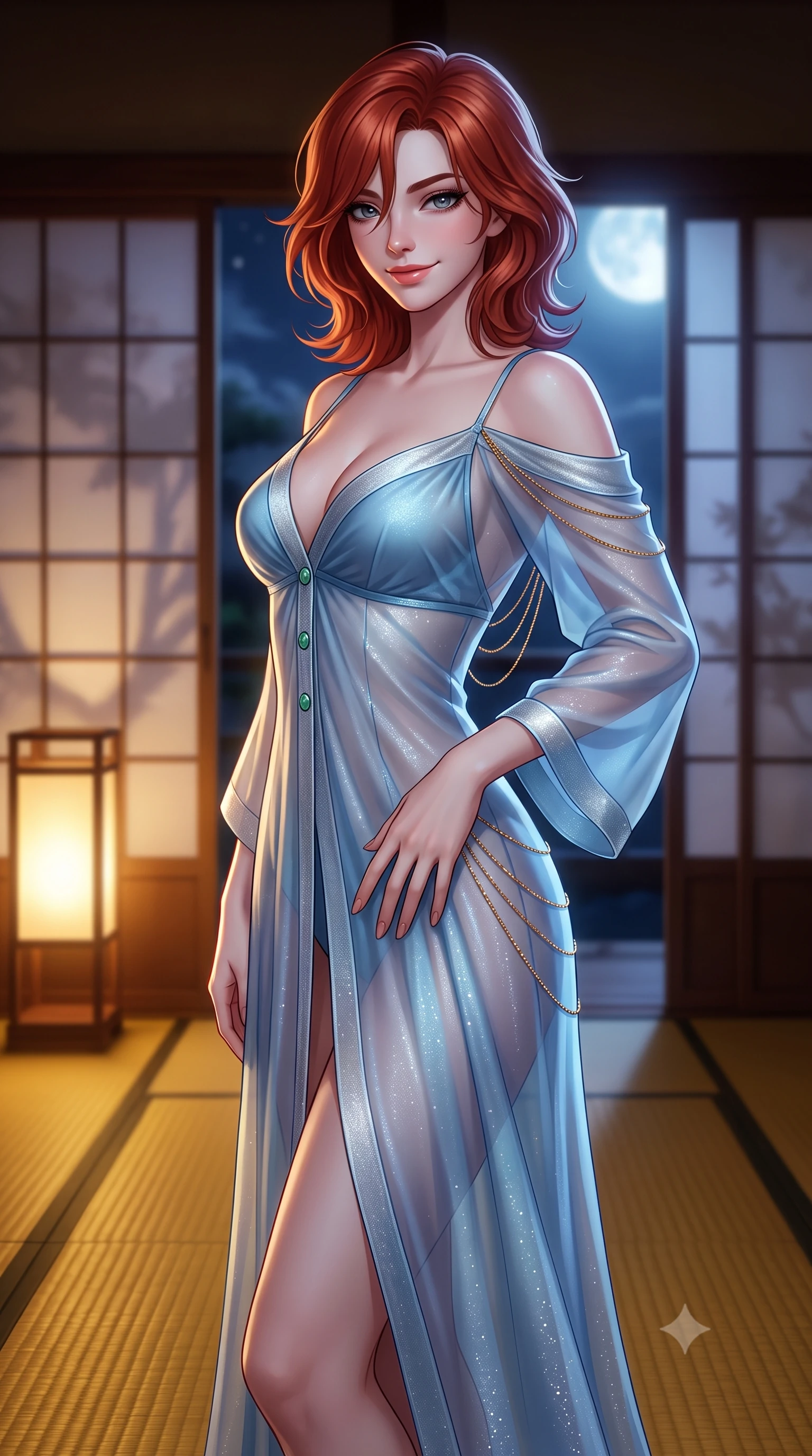 score_9, masterpiece, best quality, ultra-detailed, high-budget anime keyframe, semi-realistic 3D game render, editorial fashion photography, tasteful artistic composition, Korean woman. close-up cowboy shot from the waist and thighs up, the character dominates the composition, filling the frame with her large presence. tilting her head with a teasing half-smile, running one hand slowly down the side of her hip in a flirtatious S-curve as ambient light caresses her silhouette while twisting her slender torso in an alluring S-curve on the golden tatami mats, paper lantern light casting seductive silhouette shadows on paper screens. The background shows a soft-focus translucent washi paper shoji screens softened in Kyoto nocturnal Zen romance shallow focus. She has an exceptionally elegant, slender, and willowy female figure with an ultra-slim waist, flat toned midriff, narrow ribcage, and sculpted feminine hips creating an alluring, slim hourglass silhouette without bulk. sharp v-shaped jawline, high-bridge nose, intricate jewel-like sparkling eyes with depth, thick eyelashes, glossy parted lips with a natural peach sheen, bright cheerful beaming smile with an enchanting and coquettish sensual glint, exuding both youthful cute charm and seductive allure, flawlessly proportioned anatomical accuracy, strict slender model proportions, natural body alignment, perfectly sculpted long slender limbs, ultra-slim waistline, clean dynamic posture without body distortion. wearing an alluring semi-sheer silk chiffon boudoir peignoir slipping off bare shoulders with delicate jade button accents in Tromsø icy arctic blue and frosted platinum, woven from stretch metallic lurex jersey casting radiant starlight glints across her curves, accented with an open-back drape framed by falling strands of delicate gold chains, the form-contouring silhouette accentuating her sculpted flat midriff, narrow delicate ribcage, and gracefully curvy hips with intoxicating allure. bathed in the soft, intimate 2200K ambient illumination of traditional washi andon lamps mixed with cool silver moonlight. highly saturated vibrant anime colors, detailed shading with soft gradients, rich glossy textures, high-contrast stereoscopic depth, volumetric dynamic lighting, master piece, 9:16 ratio