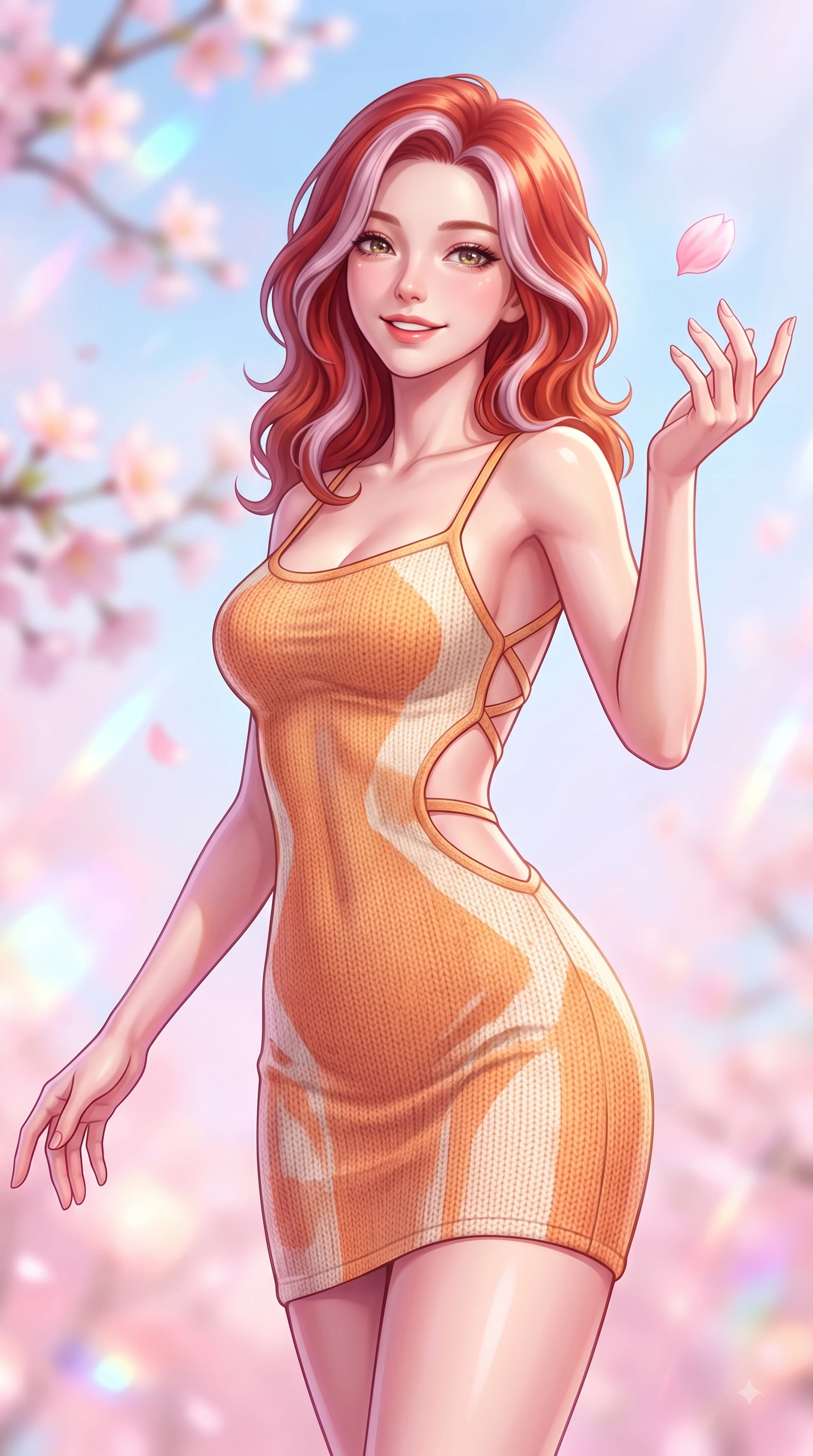 score_9, masterpiece, best quality, ultra-detailed, high-budget anime keyframe, editorial fashion photography, tasteful artistic composition, Caucasian woman. close-up cowboy shot from the waist and thighs up, the character dominates the composition, filling the frame with her large presence. Fresh enchanting smile, her eyes twinkling like jewels in the bright sunlight as one arm reaches out cheerfully while reaching her hand up playfully to catch a floating blossom petal in mid-air. The composition keeps background elements in soft focus with dreamy bokeh. pastel spring sky refractions and flower branches blurred in smooth creamy depth. She has an exceptionally elegant, slender, and willowy female figure with an ultra-slim waist, a gracefully sculpted slender torso, and a refined silhouette. sharp v-shaped jawline, high-bridge nose, intricate jewel-like eyes with depth, thick eyelashes, glossy lips with a natural sheen, flawlessly proportioned anatomical accuracy, natural body alignment, perfectly sculpted elegant limbs, clean dynamic posture without body distortion. wearing a form-contouring bodycon dress featuring subtle strategic side waist cutouts in warm apricot orange and cream white, knitted from soft cozy cashmere yarn, finished with delicate criss-cross back straps highlighting her bare shoulders, the elegant draped fit framing her graceful clavicle and slender torso. illuminated by soft glowing pink ambient light and clear sky refractions. highly saturated vibrant anime colors, detailed shading with soft gradients, rich glossy textures, high-contrast stereoscopic depth, volumetric dynamic lighting, master piece, 9:16 ratio