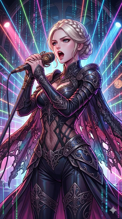 score_9, masterpiece, best quality, ultra-detailed, high-budget anime movie keyframe, cinematic anime lighting, intricate line art, Korean woman. Medium shot of upper body capturing the intricate details of her high-fashion attire. singing on a laser