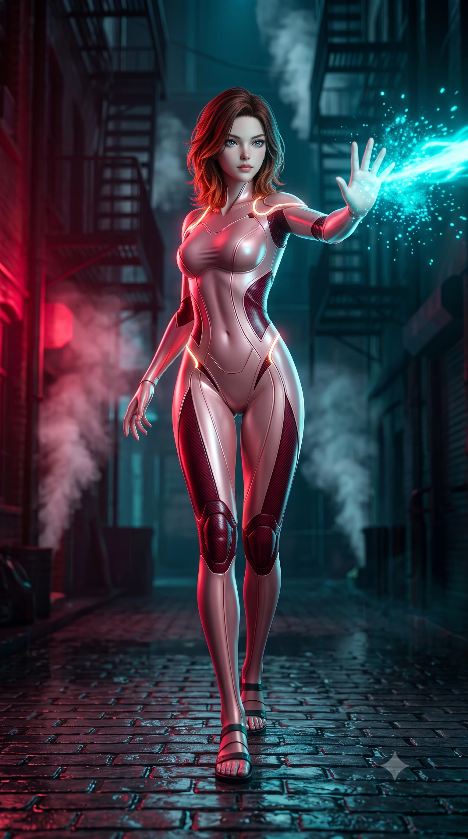 score_9, masterpiece, best quality, ultra-detailed, high-budget anime keyframe, semi-realistic 3D game render, editorial fashion photography, tasteful artistic composition, Korean woman. low angle full-body shot from head to toe showing her feet, filling the entire 9:16 vertical frame with her statuesque presence, stretching her vertical silhouette. striding forward with sovereign warrior elegance in a low, predatory combat advance, hips swaying with fierce athletic poise from head to toe while pivoting dynamically on wet cobblestones as her defensive palm parry disperses an incoming neon energy blast. The composition keeps background elements in soft focus with creamy bokeh. dark alleyway fire escapes and rising steam plumes softened in moody shallow focus. She has an absolutely perfect, statuesque 8.5-heads proportion, an exceptionally tall and slender model-like female figure with impossibly long slender legs, a toned flat midriff, and an ultra-slim waist. sharp v-shaped jawline, high-bridge nose, intricate jewel-like eyes with depth, thick eyelashes, glossy lips with a natural sheen, flawlessly proportioned anatomical accuracy, strict slender model proportions, natural body alignment, perfectly sculpted long slender limbs, ultra-slim waistline, clean dynamic posture without body distortion. wearing a form-fitting luminous rose-gold carbon combat gown with tactical high leg slits and flexible kinetic knee articulation in deep crimson carbon weave with specular dark chrome accents, made of lightweight aerodynamic carbon-titanium alloy with polished edge bevels, accented with glowing fiber-optic conduits tracing her collarbones and hip curves, the liquid-tight tailored fabric emphasizing every curve of her tall, slender model proportions and sculptured silhouette during dynamic movement. bathed in vivid high-contrast neon crimson and deep cyan ambient rim lighting. rich saturated anime colors with glowing neon highlights, detailed shading with soft gradients, rich glossy textures, high-contrast stereoscopic depth, volumetric dynamic lighting, master piece, 9:16 ratio