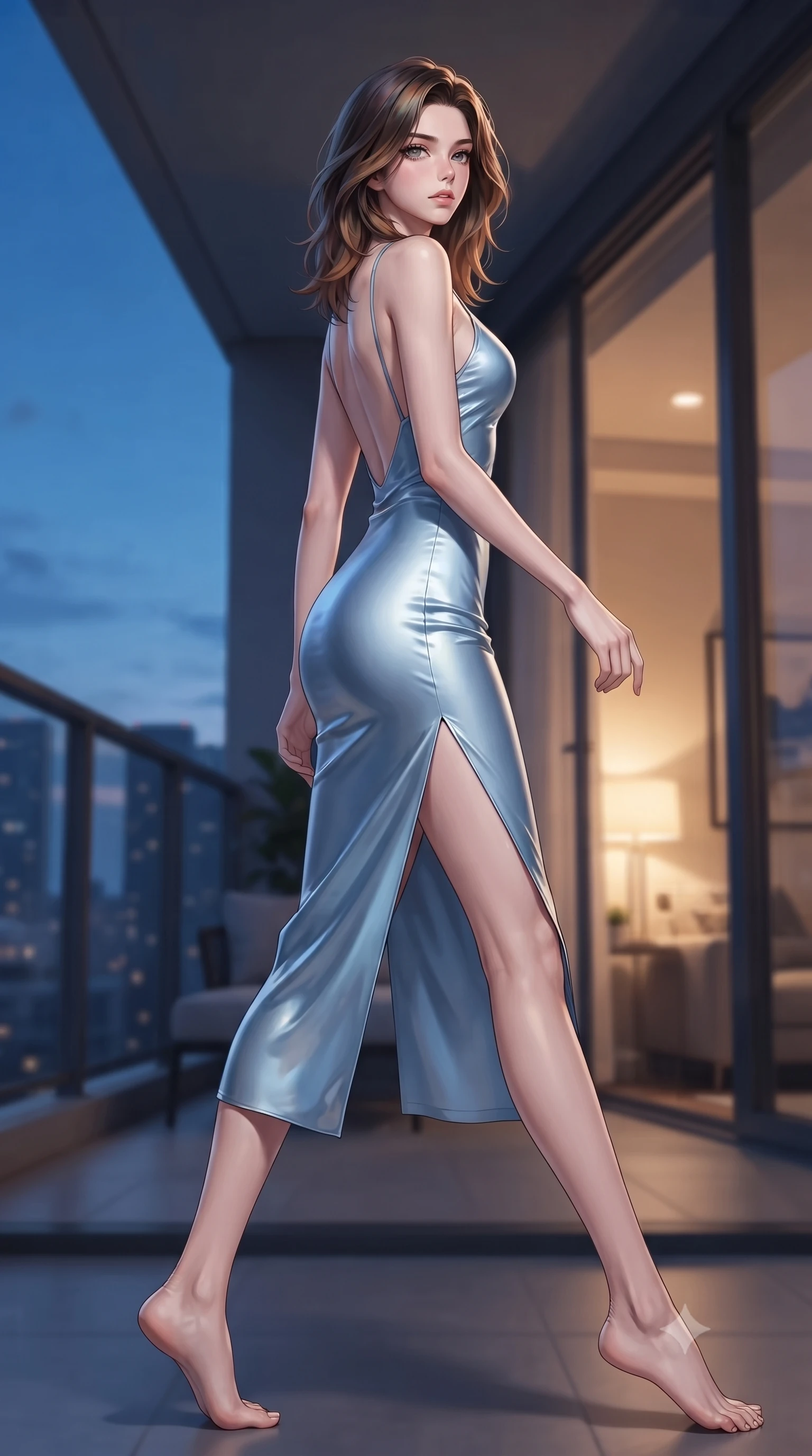 score_9, masterpiece, best quality, ultra-detailed, high-budget anime keyframe, editorial fashion photography, tasteful artistic composition, Korean woman woman. low angle full-body shot from head to toe showing her feet, filling the entire 9:16 vertical frame with her statuesque presence, stretching her vertical silhouette. stepping gracefully while looking back over her shoulder, her dress draped tightly to reveal her silhouette the background shows a soft-focus a modern apartment balcony overlooking a distant glittering city skyline at dusk. She has an absolutely perfect, statuesque 8.5-heads proportion, an exceptionally tall and slender model-like female figure with impossibly long slender legs and an ultra-slim waist. sharp v-shaped jawline, high-bridge nose, intricate jewel-like eyes with depth, thick eyelashes, glossy lips with a natural sheen. wearing a body-hugging lightweight silk slip dress in baby blue with a high side slit and a low-cut back. the cool blue twilight sky contrasting with the warm golden lights of the room inside. ultra-reflective glossy finish, specular highlights, metallic sheen, high-contrast stereoscopic depth, volumetric dynamic lighting, 2k, ultra detail, master piece, 9:16 ratio