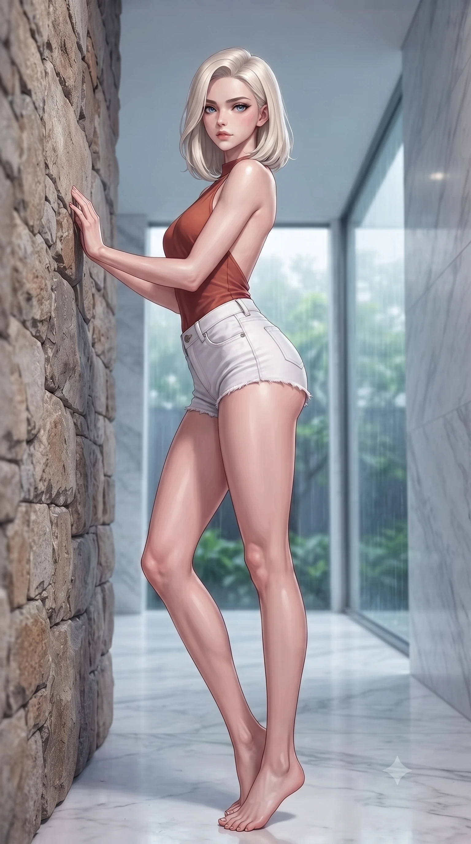 score_9, masterpiece, best quality, ultra-detailed, high-budget anime keyframe, editorial fashion photography, tasteful artistic composition, Caucasian woman. low angle full-body shot from head to toe showing her feet, filling the entire 9:16 vertical frame with her statuesque presence, stretching her vertical silhouette. leaning back against a rustic stone wall, casting a slow, alluring gaze at the camera the background shows a soft-focus a minimalist marble corridor with floor-to-ceiling windows overlooking a rain garden. She has an absolutely perfect, statuesque 8.5-heads proportion, an exceptionally tall and slender model-like female figure with impossibly long slender legs and an ultra-slim waist. sharp v-shaped jawline, high-bridge nose, intricate jewel-like eyes with depth, thick eyelashes, glossy lips with a natural sheen. wearing a tailored backless halter top in terracotta red, paired with white denim micro-shorts. cool diffused rainy daylight tracing her sharp v-shaped jawline. highly saturated vibrant anime colors, detailed shading with soft gradients, rich glossy textures, high-contrast stereoscopic depth, volumetric dynamic lighting, master piece, 9:16 ratio