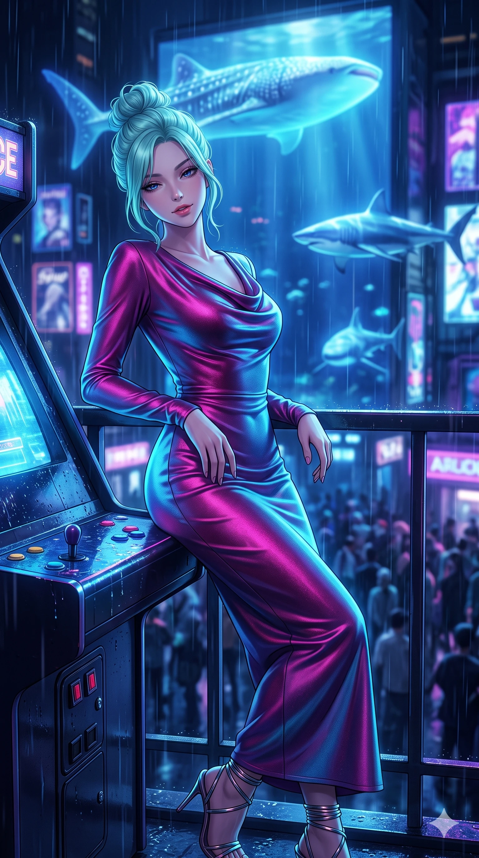 score_9, masterpiece, best quality, ultra-detailed, high-budget anime keyframe, editorial fashion photography, tasteful artistic composition, Japanese woman. close-up cowboy shot from the waist and thighs up, the character dominates the composition, filling the frame with her large presence. leaning back against the balustrade with relaxed seductive grace, head tilted back slightly while casting a hypnotic, heavy-lidded gaze while leaning against the glowing arcade console with hips cocked back, watching holographic blue sharks swim through the rain with smoldering bedroom-eyes. The background shows a soft-focus gigantic holographic whale sharks swimming through urban rain, glowing arcade marquees, and dense street crowds blurred into cobalt, violet, and electric cyan bokeh. She has an exceptionally elegant, slender, and willowy female figure with an ultra-slim waist, flat toned midriff, narrow ribcage, and sculpted feminine hips creating an alluring, slim hourglass silhouette without bulk. sharp v-shaped jawline, high-bridge nose, intricate jewel-like sparkling eyes with depth, thick eyelashes, glossy parted lips with a natural peach sheen, bright cheerful beaming smile with an enchanting and coquettish sensual glint, exuding both youthful cute charm and seductive allure, flawlessly proportioned anatomical accuracy, strict slender model proportions, natural body alignment, perfectly sculpted long slender limbs, ultra-slim waistline, clean dynamic posture without body distortion. wearing a refined long-sleeve cowl-neck satin evening gown with modest draped neckline and tailored waistline in Neo-Shinjuku neon magenta and electric cyan, tailored from high-density tech-wool with subtle metallic thread weave, complemented by strappy stiletto sandals with metallic ankle wraps accentuating her slender calves, the impeccably tailored cut draping gracefully along her slender figure with aristocratic poise. bathed in the glowing azure and indigo illumination of the monumental virtual aquarium billboard. ultra-reflective glossy finish, specular highlights, rich textural contrasts, high-contrast stereoscopic depth, volumetric dynamic lighting, 2k, ultra detail, master piece, 9:16 ratio