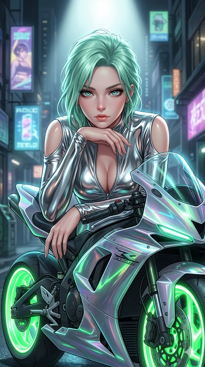 score_9, masterpiece, best quality, ultra-detailed, high-budget anime keyframe, Japanese woman. Upper body close-up from the thighs up, character filling the screen for maximum presence. She is leaning over a sleek, glowing holographic cyberpunk moto