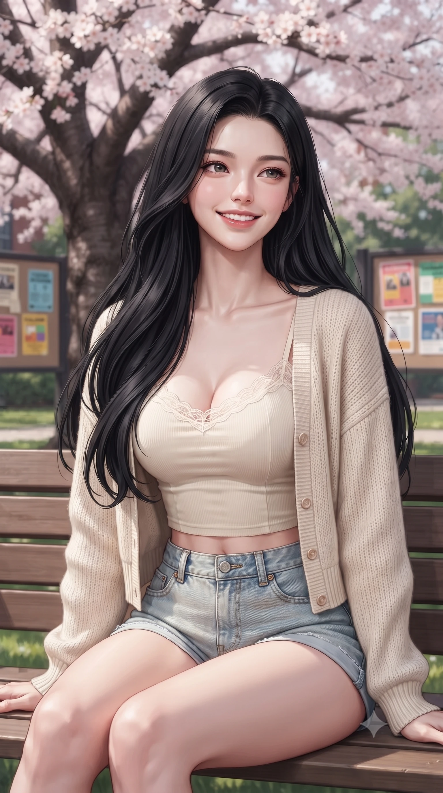 score_9, masterpiece, best quality, ultra-detailed, high-budget anime keyframe, editorial fashion photography, tasteful artistic composition, Korean woman. close-up cowboy shot from the waist and thighs up, the character dominates the composition, filling the frame with her large presence, background elements kept in soft focus. gazing past the camera with a happy, bright expression and a warm smile set against a soft-focus background of sitting on a wooden bench under a large, blooming cherry blossom tree on a college campus lawn with colorful college flyers and posters decorating the bulletin boards behind her. She has an exceptionally elegant, slender, and willowy female figure with an ultra-slim waist, a gracefully sculpted slender torso, and a refined silhouette. sharp v-shaped jawline, high-bridge nose, intricate jewel-like eyes with depth, thick eyelashes, glossy lips with a natural sheen. wearing slim-fit delicate lace-trim crop top in cream, worn under an open preppy cardigan and denim shorts. soft diffused daylight creating a clean, high-key glow in the space. ultra-reflective glossy finish, specular highlights, metallic sheen, high-contrast stereoscopic depth, volumetric dynamic lighting, 2k, ultra detail, master piece, 9:16 ratio