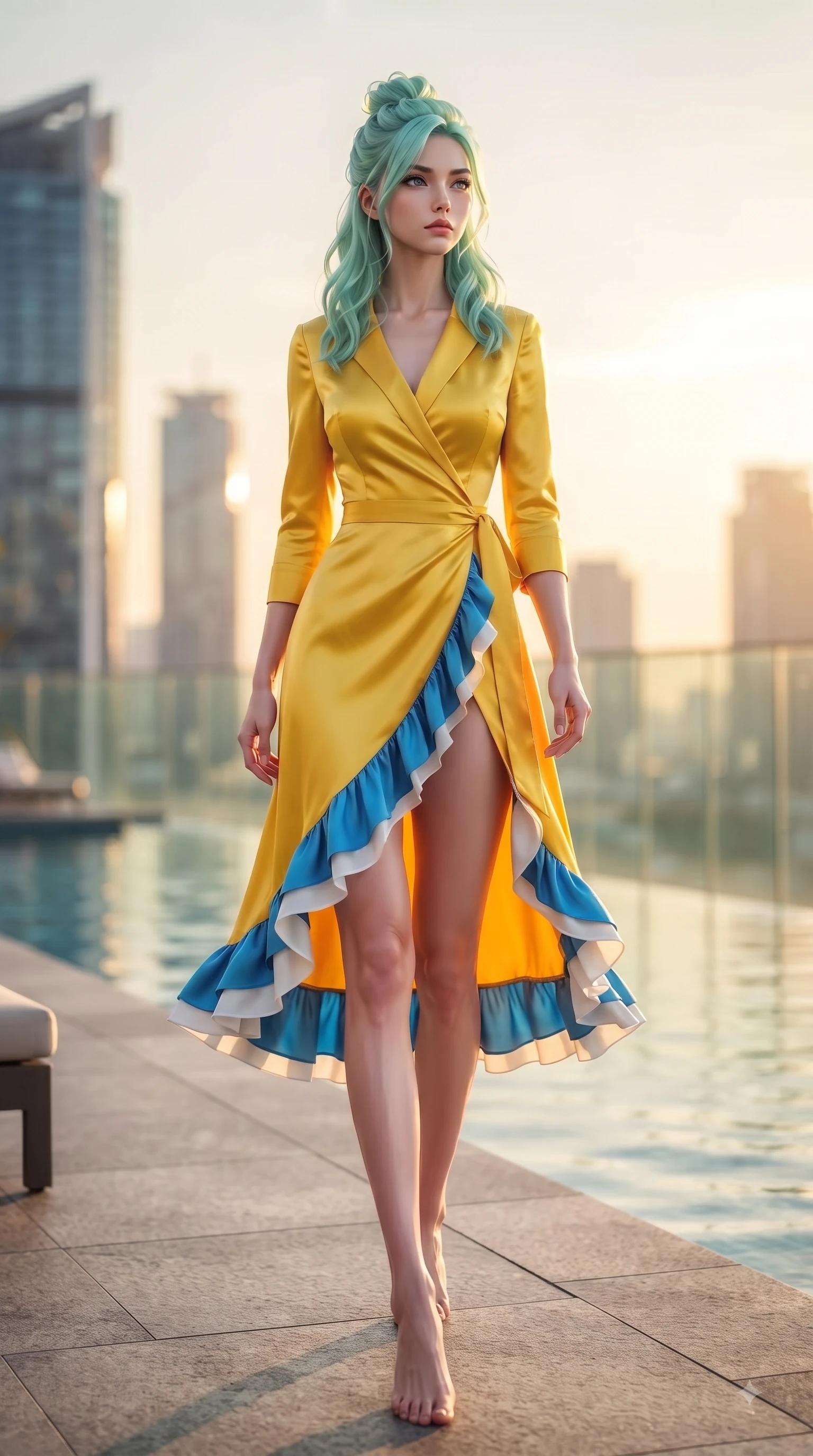 score_9, masterpiece, best quality, ultra-detailed, high-budget anime keyframe, editorial fashion photography, tasteful artistic composition, Japanese woman. low angle full-body shot from head to toe showing her feet, filling the entire 9:16 vertical frame with her statuesque presence, stretching her vertical silhouette. Cool disdainful expression looking past the camera with effortless superiority and a stoic facial line while walking down a sunlit rooftop deck as golden hour light paints the modern city towers. The composition keeps background elements in soft focus with dreamy bokeh. infinity pool water reflections and glass railings softened in smooth shallow focus. She has an absolutely perfect, statuesque 8.5-heads proportion, an exceptionally tall and slender model-like female figure with impossibly long slender legs and an ultra-slim waist. sharp v-shaped jawline, high-bridge nose, intricate jewel-like eyes with depth, thick eyelashes, glossy lips with a natural sheen, flawlessly proportioned anatomical accuracy, natural body alignment, perfectly sculpted elegant limbs, clean dynamic posture without body distortion. wearing a cheerful sunflower yellow silk wrap dress with fluttery ruffle hems in electric azure blue and cloud white, tailored from crisp high-density cotton poplin, finished with a sleek side slit ascending to mid-thigh, the sleek second-skin fit accentuating her magnetic presence. bathed in dramatic golden hour sunset glow and vibrant urban night lights. ultra-reflective glossy finish, specular highlights, metallic sheen, high-contrast stereoscopic depth, volumetric dynamic lighting, 2k, ultra detail, master piece, 9:16 ratio