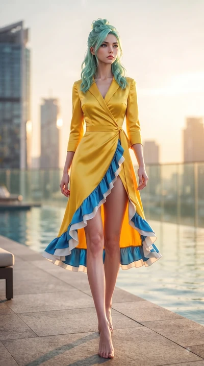 score_9, masterpiece, best quality, ultra-detailed, high-budget anime keyframe, editorial fashion photography, tasteful artistic composition, Japanese woman. low angle full-body shot from head to toe showing her feet, filling the entire 9:16 vertical