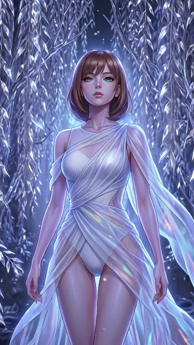 An atmospheric fantasy anime animation. The vibrant green and purple aurora borealis shimmers and waves dynamically across the dark night sky. Soft snowflakes drift down lazily through the cold air, catching the light. The camera executes a slow, maj