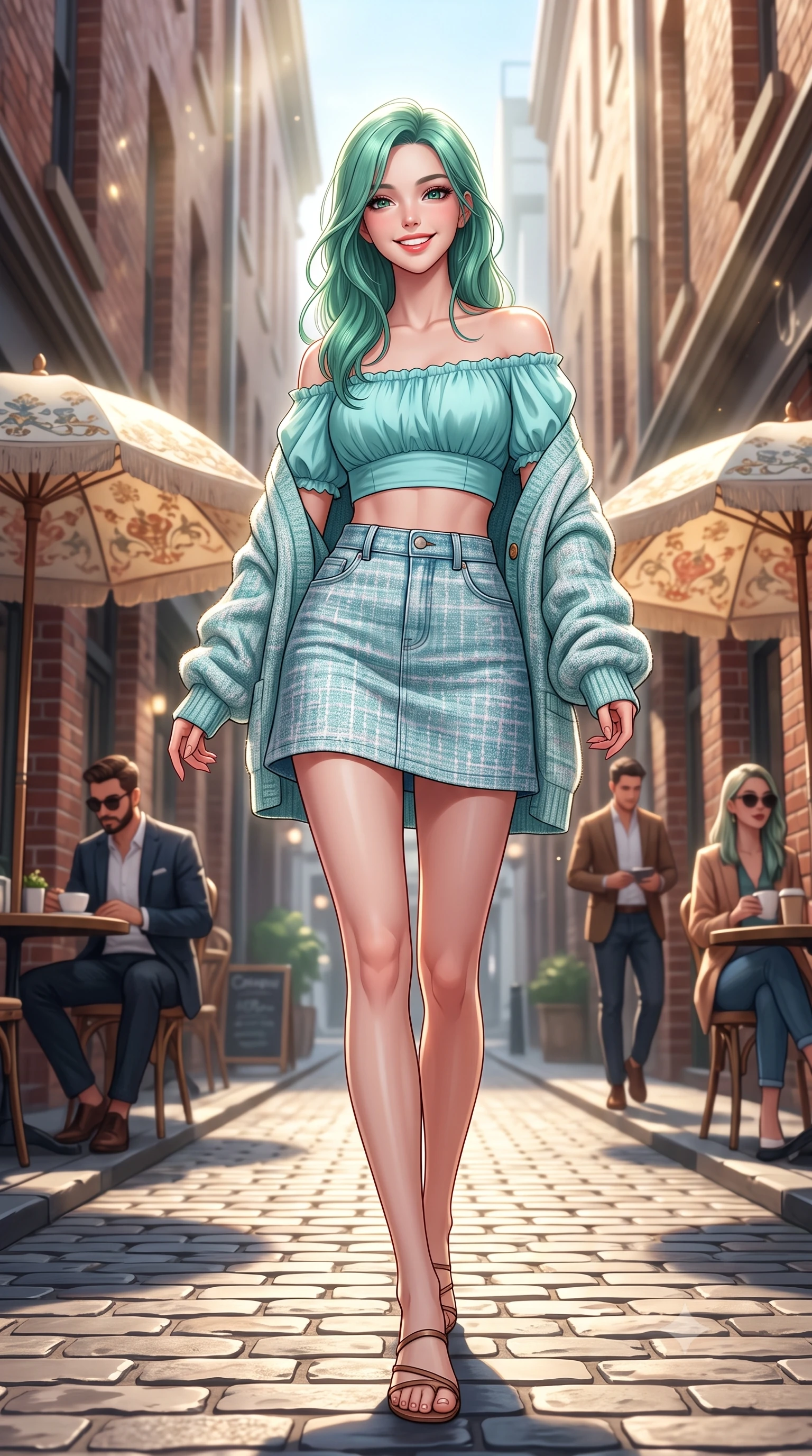 score_9, masterpiece, best quality, ultra-detailed, high-budget anime keyframe, semi-realistic 3D game render, editorial fashion photography, tasteful artistic composition, Japanese woman. low angle full-body shot from head to toe showing her feet, filling the entire 9:16 vertical frame with her statuesque presence, stretching her vertical silhouette. stepping forward gracefully in mid-motion with a radiant beaming smile, hips swaying in an alluring kinetic rhythm that accentuates her curvy hourglass silhouette and long slender legs while standing poised between vintage cafe umbrellas, twisting her slender torso in an alluring contrapposto stance in the filtered morning sunbeams. The composition keeps background elements in soft focus with dreamy creamy bokeh. dappled laneway light and passing stylish coffee-drinkers softened in trendy Melbourne shallow focus. She has an exceptionally tall and slender model-like 8.5-heads proportion, an ultra-slim waist, a flat toned midriff, narrow delicate ribcage, and beautifully sculpted feminine hips creating a graceful, slim hourglass silhouette without any bulky heaviness, with impossibly long slender legs. sharp v-shaped jawline, high-bridge nose, intricate jewel-like sparkling eyes with depth, thick eyelashes, glossy parted lips with a natural peach sheen, bright cheerful beaming smile with an enchanting and coquettish sensual glint, exuding both youthful cute charm and seductive allure, flawlessly proportioned anatomical accuracy, strict slender model proportions, natural body alignment, perfectly sculpted long slender limbs, ultra-slim waistline, clean dynamic posture without body distortion. wearing an off-shoulder puff-sleeve crop blouse with a tight high-waisted denim A-line mini skirt emphasizing her curvy hips in ocean turquoise and sea-salt white, tailored from soft pastel tweed with subtle metallic shimmer, complemented by an oversized soft knit cardigan slipping off one bare shoulder, the high-waisted tailoring accentuating her ultra-slim waistline and the enchanting curve of her feminine hips with alluring charm. bathed in filtered morning sunlight slicing down between tall laneway brick buildings. highly saturated vibrant anime colors, detailed shading with soft gradients, rich glossy textures, high-contrast stereoscopic depth, volumetric dynamic lighting, master piece, 9:16 ratio
