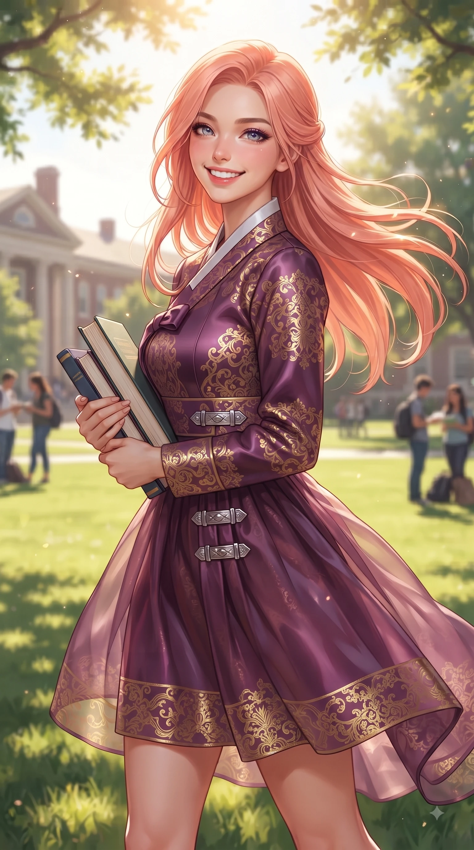 score_9, masterpiece, best quality, ultra-detailed, high-budget anime keyframe, editorial fashion photography, tasteful artistic composition, Japanese woman. close-up cowboy shot from the waist and thighs up, the character dominates the composition, filling the frame with her large presence, background elements kept in soft focus. Youthful bright smile exuding pure cute charm and fresh energy, her torso turning dynamically into the lens while walking happily across a lush green university campus lawn carrying a stack of hardcover textbooks, warm spring breeze swaying her long hair gracefully against the blue sky backdrop. She has an exceptionally elegant, slender, and willowy female figure with an ultra-slim waist, a gracefully sculpted slender torso, and a refined silhouette. sharp v-shaped jawline, high-bridge nose, intricate jewel-like eyes with depth, thick eyelashes, glossy lips with a natural sheen, flawlessly proportioned anatomical accuracy, natural body alignment, perfectly sculpted elegant limbs, clean dynamic posture without body distortion. wearing a modern fusion silk hanbok dress with a structured bodice and flowing skirt in plum purple and gold filigree, woven from fine semi-opaque sheer organza, detailed with polished silver buckles along the waistline, the elegant draped fit framing her graceful clavicle and slender torso. bathed in brilliant sunny morning light filtering through oak tree canopies. ultra-reflective glossy finish, specular highlights, metallic sheen, high-contrast stereoscopic depth, volumetric dynamic lighting, 2k, ultra detail, master piece, 9:16 ratio