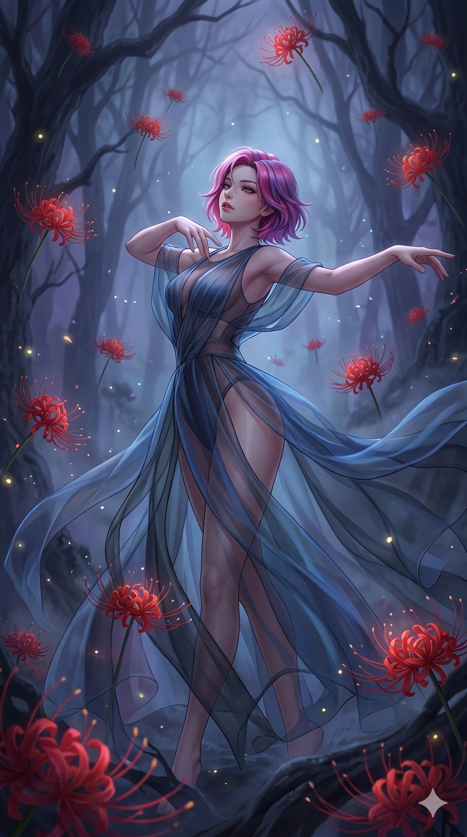 score_9, masterpiece, best quality, ultra-detailed, High-budget Anime Keyframe, East Asian woman. Low angle cowboy shot filling the entire 9:16 frame with her statuesque presence. Scenario 145: Dancing amidst falling red spider lilies in a misty dark forest. Her presence is magnetic and overpowering in this high-budget anime scene. Outfit 145: A sheer organza bare with a high-cut leg line and translucent layers. The clothing is designed to emphasize her exceptionally tall and slender 8-heads proportion. 8-heads proportion, towering silhouette, ultra-slim waist. sharp v-shaped jawline, intricate jewel-like eyes with depth, thick eyelashes, glossy lips. 2k, ultra detail, master piece, 9:16 ratio