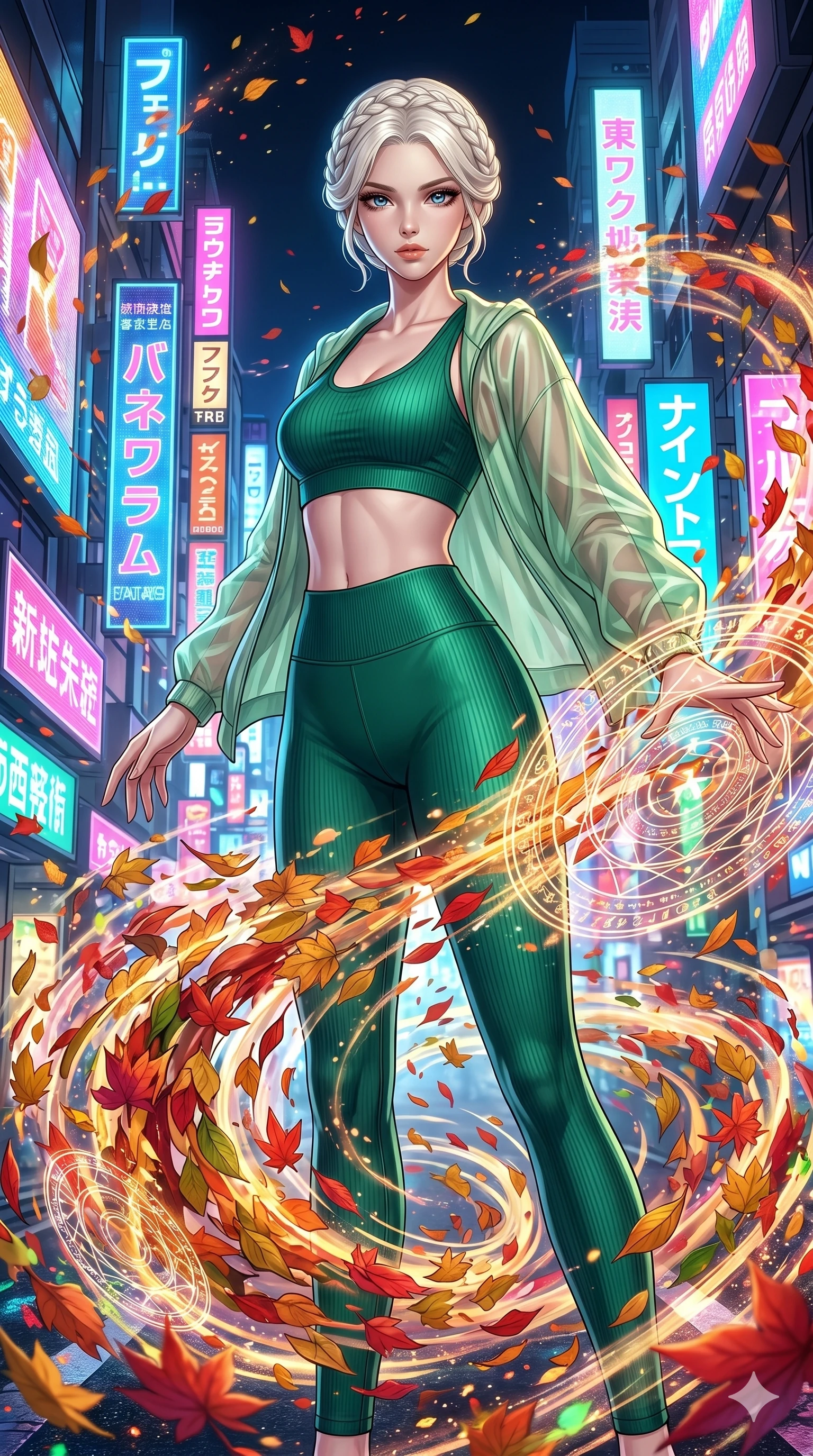 score_9, masterpiece, best quality, ultra-detailed, High-budget Anime Keyframe, beautiful Japanese anime girl. Upper body close-up from the thighs up, character filling the screen for maximum presence. Summoning a vortex of colorful leaves in a futuristic Tokyo street with neon signs. She has an absolutely perfect 8-heads proportion, an exceptionally tall and slender female figure with impossibly long slender legs and an ultra-slim waist. Sharp v-shaped jawline, high-bridge nose, intricate jewel-like eyes with depth, thick eyelashes, glossy lips with a natural sheen. Wearing a Premium Athleisure outfit: emerald ribbed sports bra and leggings set, sheer windbreaker, sleek high-performance activewear. Background is a bright and colorful environment with cinematic lighting, dynamic particle effects, and high-contrast shadows. 2k, ultra detail, master piece, 9:16 ratio
