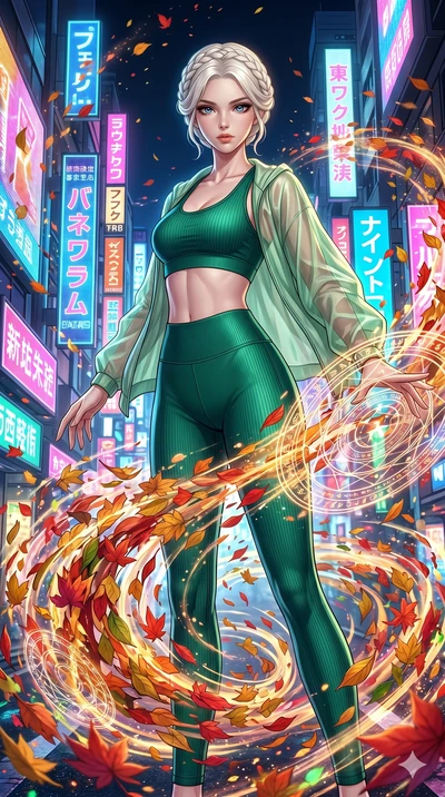score_9, masterpiece, best quality, ultra-detailed, High-budget Anime Keyframe, beautiful Japanese anime girl. Upper body close-up from the thighs up, character filling the screen for maximum presence. Summoning a vortex of colorful leaves in a futur