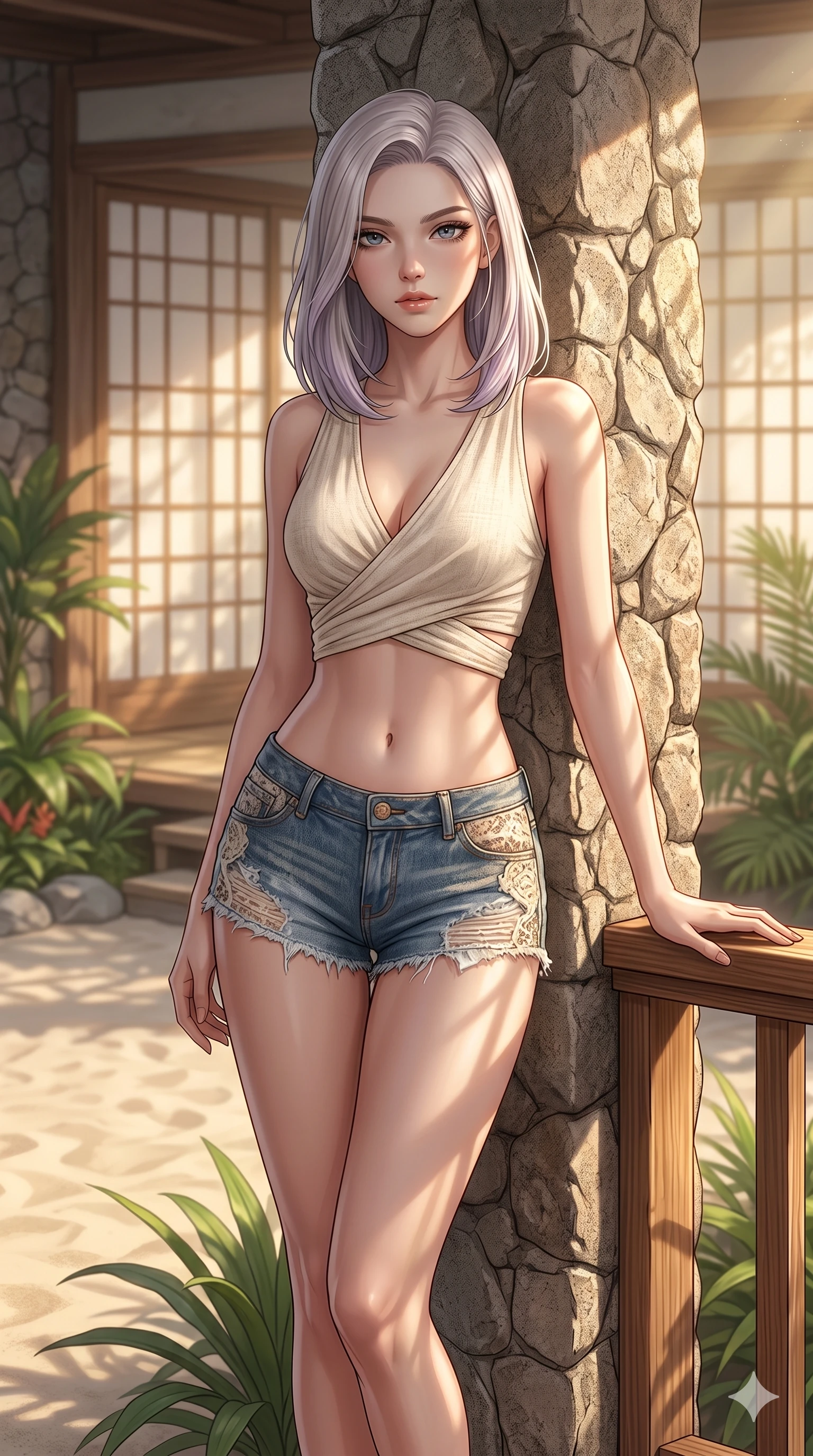 score_9, masterpiece, best quality, ultra-detailed, high-budget anime keyframe, editorial fashion photography, tasteful artistic composition, Caucasian woman, strictly human ears. cowboy shot from the thighs up, character and outfit filling the frame for maximum editorial presence. resting one hand on the wooden railing, casting a bedroom-eyes gaze leaning against a stone pillar in a quiet courtyard of a beach villa (Code-P19-110). She has an absolutely perfect 8-heads proportion, an exceptionally tall and slender female figure with impossibly long slender legs and an ultra-slim waist. V-shaped jawline, high-bridge nose, intricate jewel-like eyes with depth, thick eyelashes, glossy lips with a natural sheen. wearing a wrap top exposing her bare midriff and micro-shorts on the sand. soft warm morning sunbeams filtering through the resort shoji, casting a gentle glow. 2k, ultra detail, master piece, 9:16 ratio