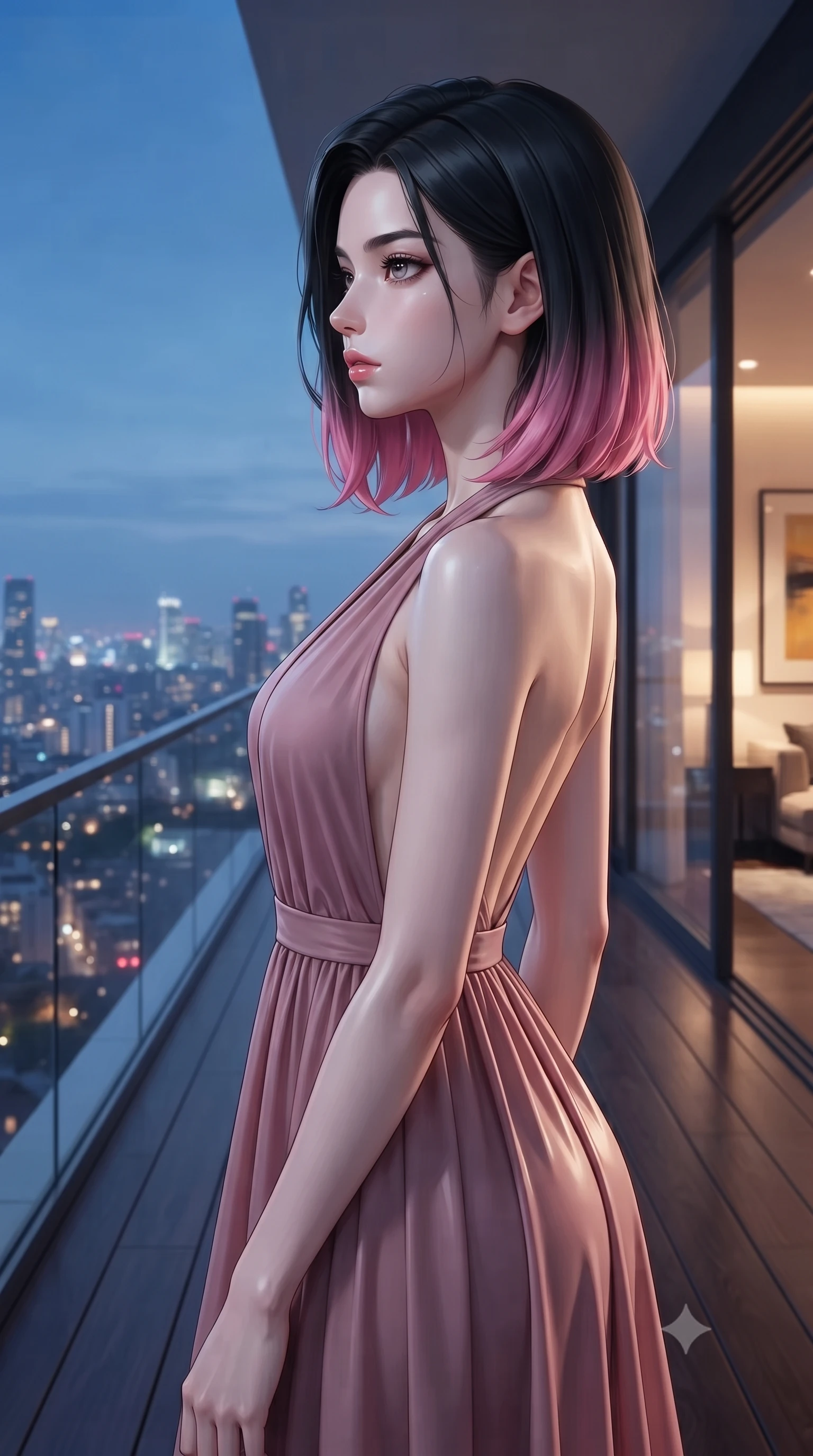 score_9, masterpiece, best quality, ultra-detailed, high-budget anime keyframe, editorial fashion photography, tasteful artistic composition, Korean woman woman. close-up cowboy shot from the waist and thighs up, the character dominates the composition, filling the frame with her large presence, background elements kept in soft focus. turning her face in sharp profile, casting a cold, mysterious, yet intensely alluring side gaze, the background shows a soft-focus a modern apartment balcony overlooking a distant glittering city skyline at dusk. She has an exceptionally elegant, slender, and willowy female figure with an ultra-slim waist, a gracefully sculpted slender torso, and a refined silhouette. sharp v-shaped jawline, high-bridge nose, intricate jewel-like eyes with depth, thick eyelashes, glossy lips with a natural sheen. wearing a tailored deep plunging-V neck maxi dress in dusty rose chiffon with a bold halter neck and low-cut back. the cool blue twilight sky contrasting with the warm golden lights of the room inside. ultra-reflective glossy finish, specular highlights, metallic sheen, high-contrast stereoscopic depth, volumetric dynamic lighting, 2k, ultra detail, master piece, 9:16 ratio