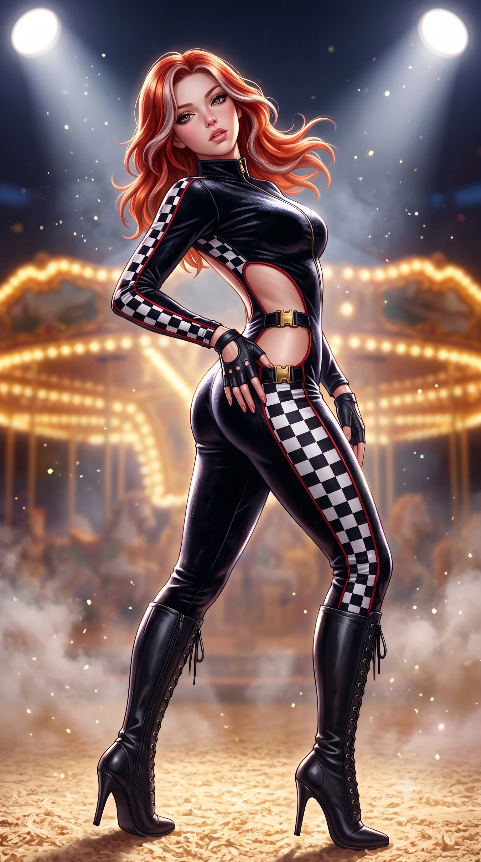 score_9, masterpiece, best quality, ultra-detailed, high-budget anime keyframe, semi-realistic 3D game render, editorial fashion photography, tasteful artistic composition, Caucasian woman. close-up cowboy shot from the waist and thighs up, the character dominates the composition, filling the frame with her large presence. arching her spine backward with effortless dancer poise, one hand sliding along her hip line as directional light carves specular highlights along her silhouette while pivoting dynamically on the sawdust arena floor, her tailored garments fluttering to accentuate her statuesque hips and long slender legs. The composition keeps background elements in soft focus with creamy bokeh. drifting stage haze and floating glitter particles catching spotlight rays across the arena. She has an exceptionally elegant, slender, and willowy female figure with an ultra-slim waist, a gracefully sculpted slender torso, toned flat midriff, and rounded feminine hips creating an alluring hourglass silhouette. sharp v-shaped jawline, high-bridge nose, intricate jewel-like eyes with depth, thick eyelashes, glossy parted lips with a natural sheen, intensely captivating and seductive bedroom-eyes expression, flawlessly proportioned anatomical accuracy, strict slender model proportions, natural body alignment, perfectly sculpted long slender limbs, ultra-slim waistline, clean dynamic posture without body distortion. wearing a high-collar velvet speedsuit featuring bold side cutouts and quick-release brass buckles in high-contrast black and crisp white checkerboard with red accents, crafted from heavyweight crushed silk velvet with liquid luster, accessorized with knee-high stiletto lace-up boots and fingerless leather gloves, the precision-cut side openings and low-back scoop framing her graceful spine and the sensual sweep of her hips. bathed in dramatic overhead circular spotlight beams and warm golden carousel perimeter glow. highly saturated vibrant anime colors, detailed shading with soft gradients, rich glossy textures, high-contrast stereoscopic depth, volumetric dynamic lighting, master piece, 9:16 ratio