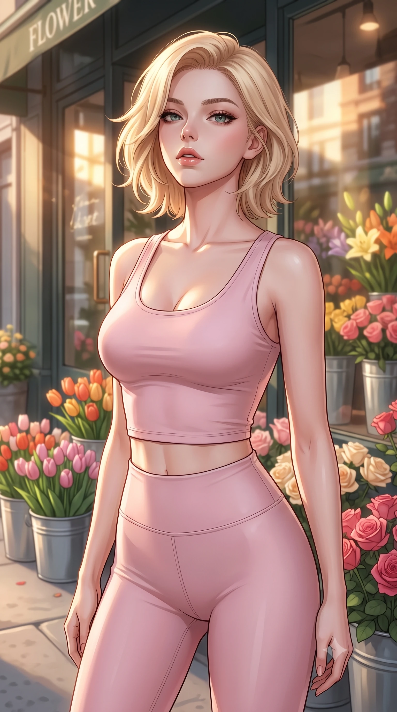 score_9, masterpiece, best quality, ultra-detailed, high-budget anime keyframe, editorial fashion photography, tasteful artistic composition, Caucasian woman woman. close-up cowboy shot from the waist and thighs up, the character dominates the composition, filling the frame with her large presence, background elements kept in soft focus. tilting her chin up slightly with lips parted in a composed, provocative expression the background shows a soft-focus the front of a chic flower shop in the city, with buckets of fresh tulips and roses on the sidewalk. She has an exceptionally elegant, slender, and willowy female figure with an ultra-slim waist, a gracefully sculpted slender torso, and a refined silhouette. sharp v-shaped jawline, high-bridge nose, intricate jewel-like eyes with depth, thick eyelashes, glossy lips with a natural sheen. wearing a form-contouring body-hugging light pink crop tank top paired with high-waisted tight-fitting leggings. warm afternoon sunbeams reflecting off the glass shopfront and colorful flowers. 2k, ultra detail, master piece, 9:16 ratio