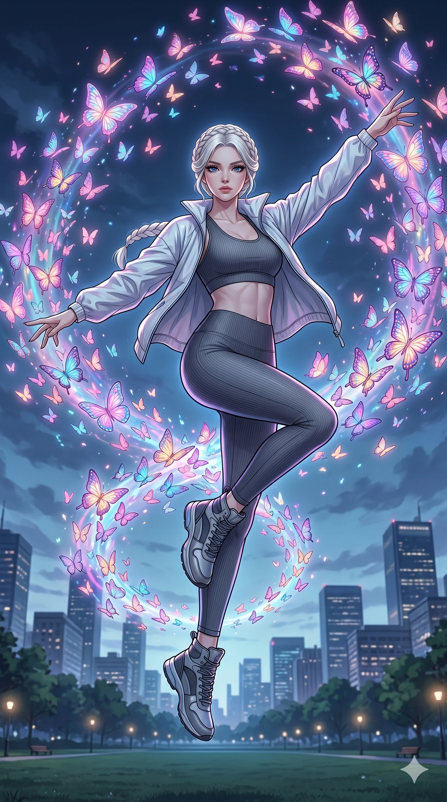 score_9, masterpiece, best quality, ultra-detailed, high-budget anime movie keyframe, cinematic anime lighting, intricate line art, Korean woman. Low angle cowboy shot capturing a powerful motion and statuesque presence. summoning a cloud of glowing butterflies that carry her into the air. She has an absolutely perfect 8-heads proportion, an exceptionally tall and slender female figure with graceful and slender proportions. strictly human anatomy, two legs only, no extra limbs, clearly defined legs and arms, perfect anatomy, perfect hands and fingers. sharp v-shaped jawline, high-bridge nose, intricate jewel-like eyes, thick eyelashes, glossy lips. Wearing Premium Athleisure: Ribbed sports bra and leggings set, light windbreaker, and sleek high-performance activewear. The scene is illuminated by dramatic atmospheric lighting and vibrant color palettes. , 2k, ultra detail, master piece, 9:16 ratio
