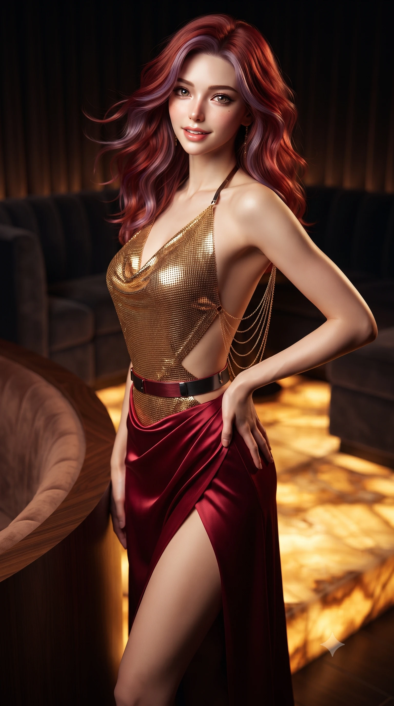 score_9, masterpiece, best quality, ultra-detailed, high-budget anime keyframe, editorial fashion photography, tasteful artistic composition, Caucasian woman. close-up cowboy shot from the waist and thighs up, the character dominates the composition, filling the frame with her large presence. turning slowly with an enchanting smoldering smile, her glossy hair tossing in the breeze as her hips angle gracefully in a captivating contrapposto while standing beside the curved rosewood banquette with one hand on her hip, her form-fitting dress with daring cutouts commanding the room. The background shows a soft-focus dark velvet lounge booths softened in ultra-exclusive Tokyo private club shallow focus. She has an exceptionally elegant, slender, and willowy female figure with an ultra-slim waist, flat toned midriff, narrow ribcage, and sculpted feminine hips creating an alluring, slim hourglass silhouette without bulk. sharp v-shaped jawline, high-bridge nose, intricate jewel-like sparkling eyes with depth, thick eyelashes, glossy parted lips with a natural peach sheen, bright cheerful beaming smile with an enchanting and coquettish sensual glint, exuding both youthful cute charm and seductive allure, flawlessly proportioned anatomical accuracy, strict slender model proportions, natural body alignment, perfectly sculpted long slender limbs, ultra-slim waistline, clean dynamic posture without body distortion. wearing a shimmering liquid gold chainmail halter cowl top paired with a draped high-slit silk maxi skirt and waist harness in rich ruby crimson and dark brushed titanium, woven from stretch metallic lurex jersey casting radiant starlight glints across her curves, accented with an open-back drape framed by falling strands of delicate gold chains, the form-contouring silhouette accentuating her sculpted flat midriff, narrow delicate ribcage, and gracefully curvy hips with intoxicating allure. bathed in the rich, radiant warm-amber under-glow of the backlit translucent onyx slab. ultra-reflective glossy finish, specular highlights, rich textural contrasts, high-contrast stereoscopic depth, volumetric dynamic lighting, 2k, ultra detail, master piece, 9:16 ratio